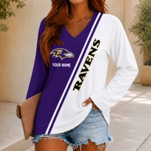 Limited Edition – Customized NFL Baltimore Ravens Women’s V-Neck Long Sleeved Shirt