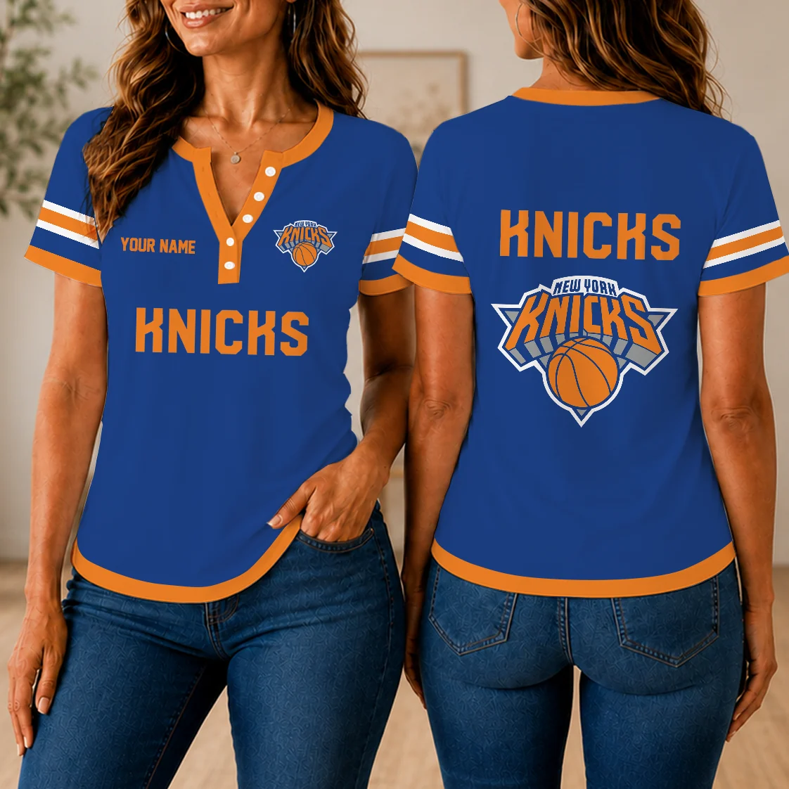 Limited Edition – Customized NBA New York Knicks Women’s Short Sleeve Henley T-Shirt