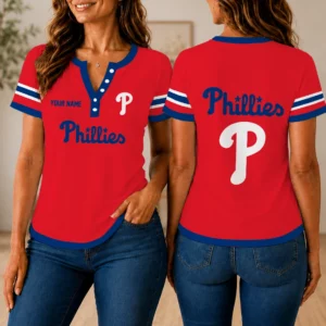 Limited Edition – Customized MLB Philadelphia Phillies Women’s Short Sleeve Henley T-Shirt