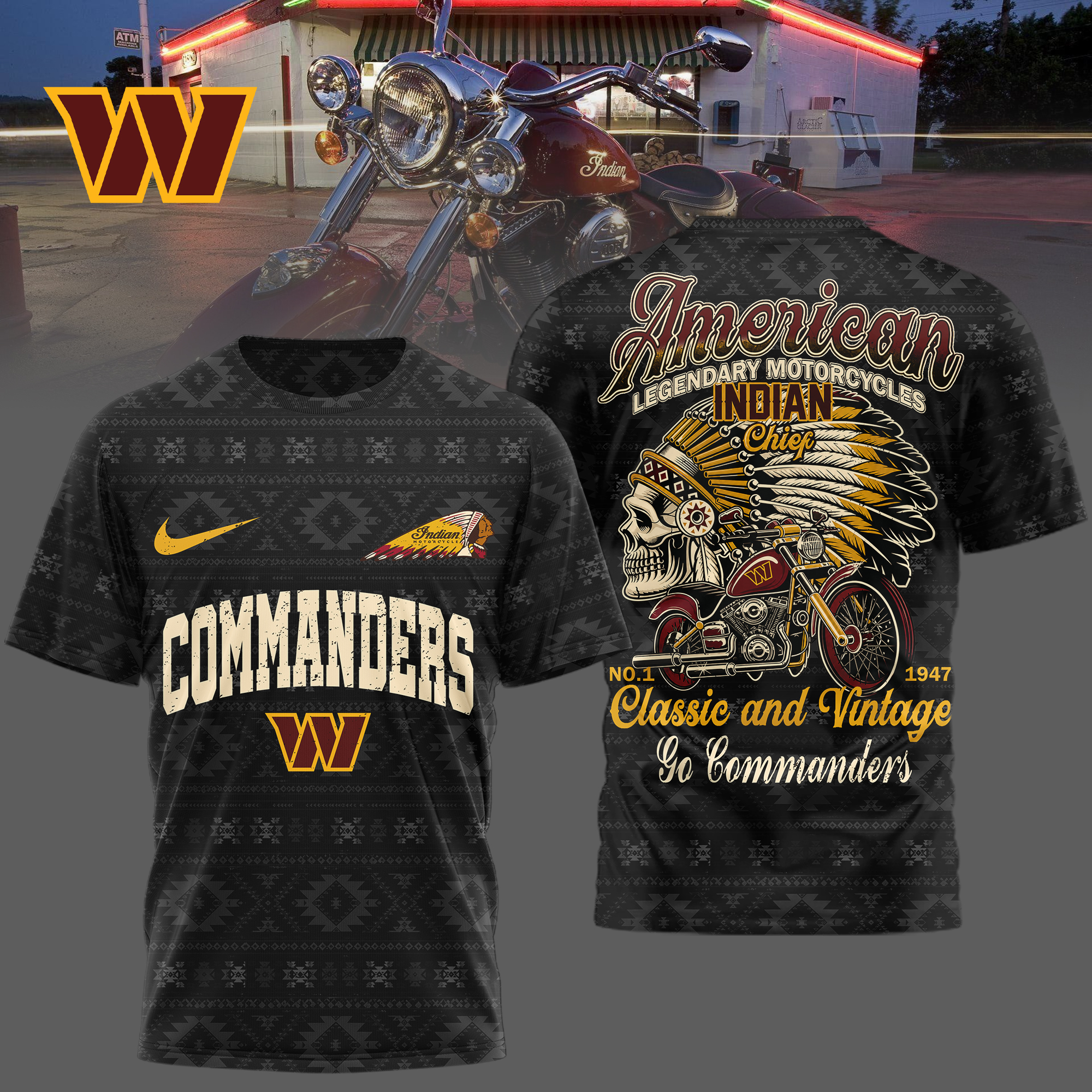 Washington Commanders x Premium NFL Indian Motorcycle 3D T-Shirt – Limited Edition TTH200501 - Image 2