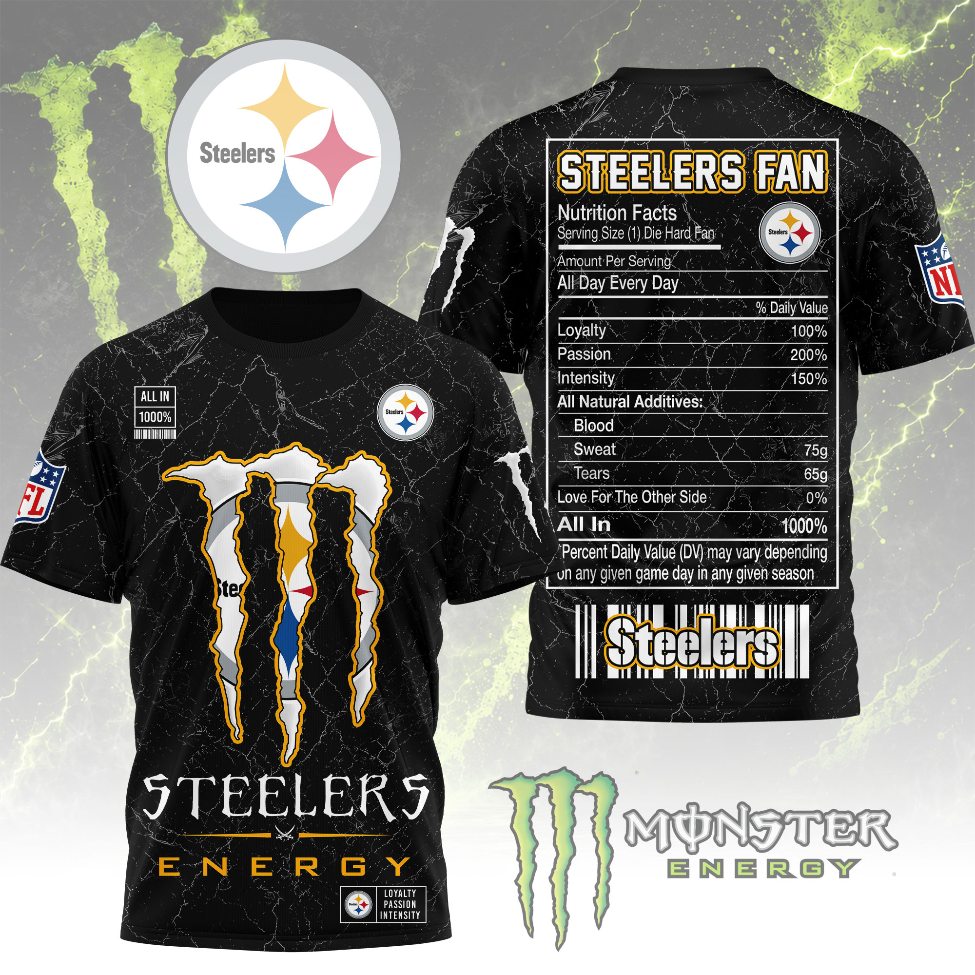 Pittsburgh Steelers x Premium NFL Monster Energy Nutrition 3D T-Shirt – Limited Edition TTH200500 - Image 2