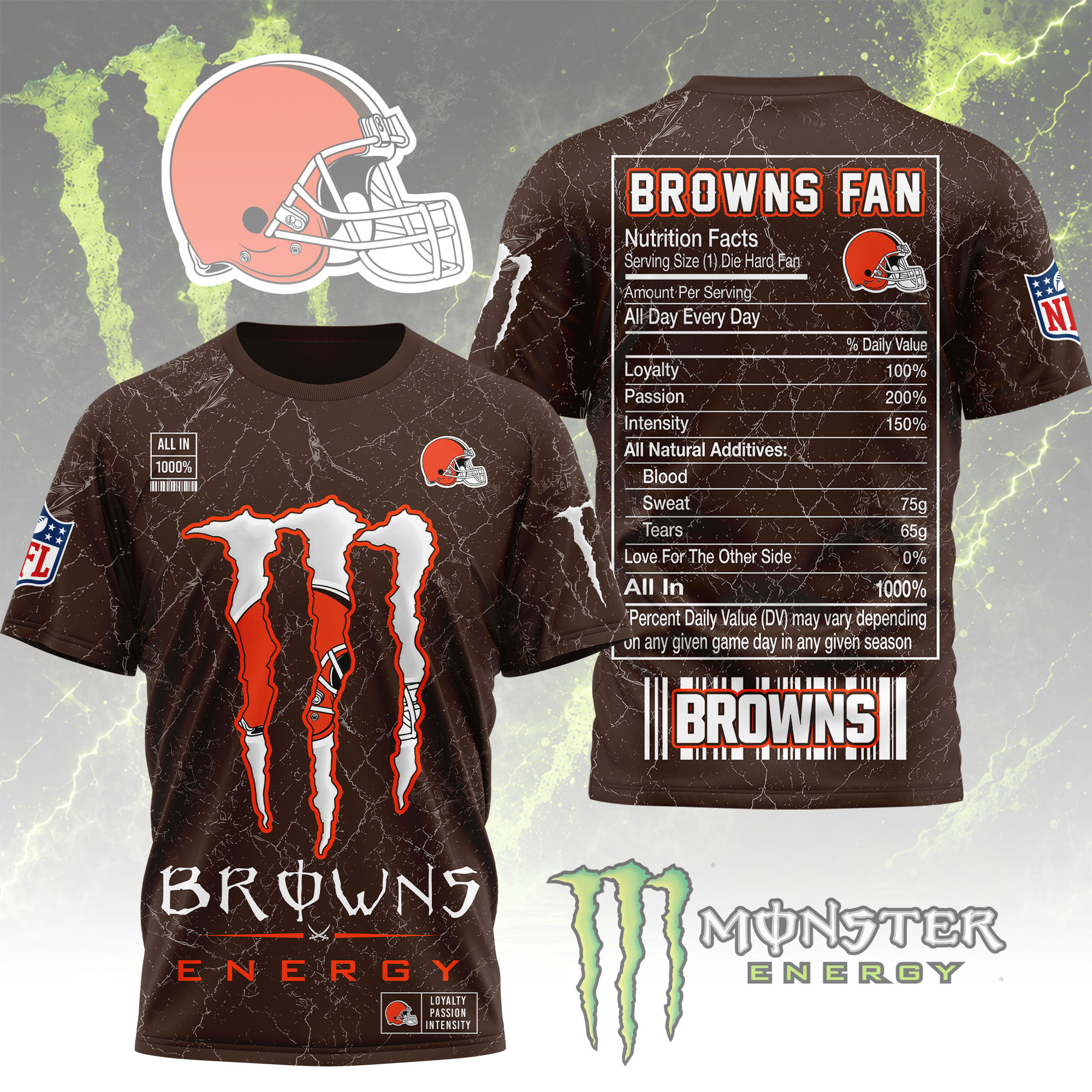 Cleveland Browns x Premium NFL Monster Energy Nutrition 3D T-Shirt – Limited Edition TTH200500 - Image 2