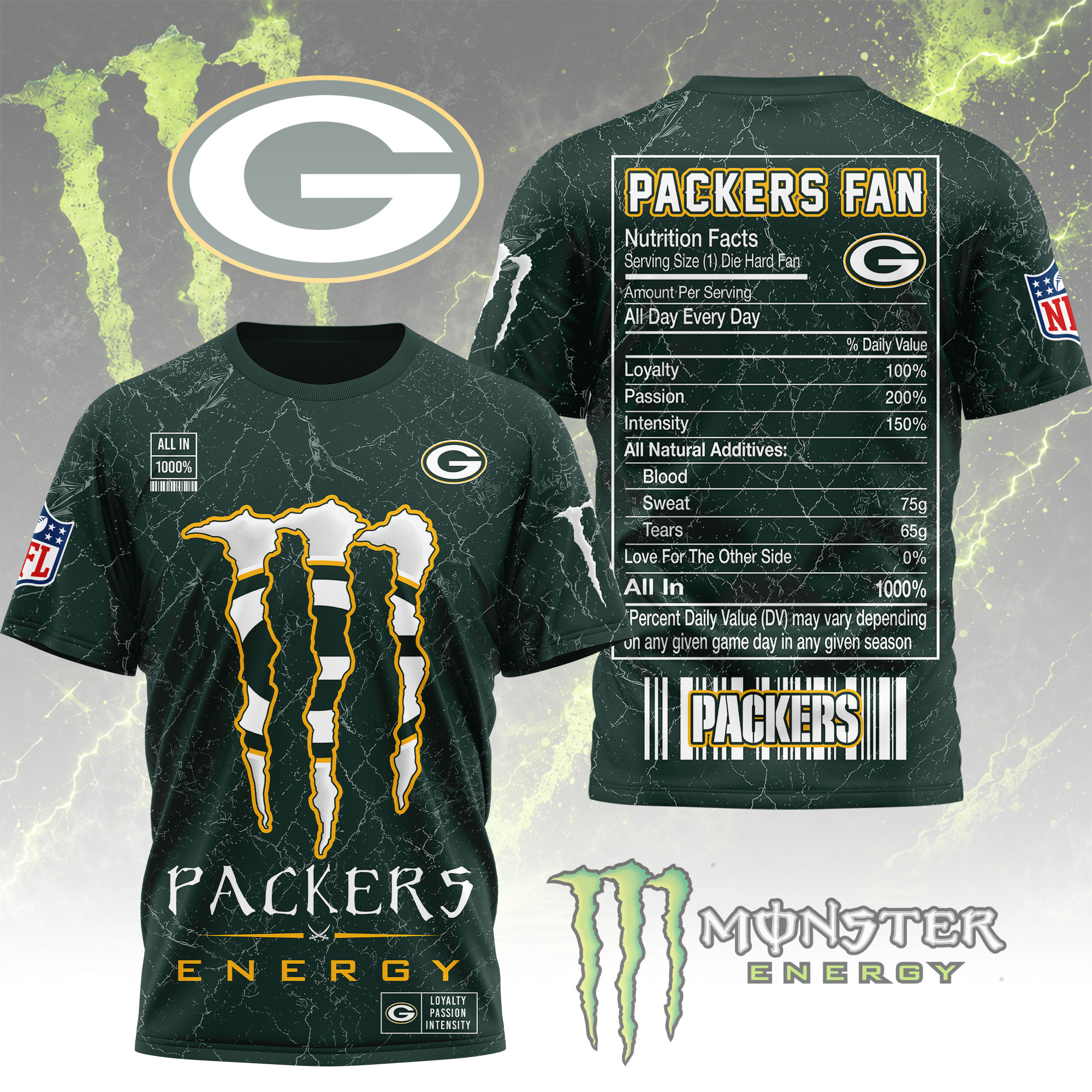 Green Bay Packers x Premium NFL Monster Energy Nutrition 3D T-Shirt – Limited Edition TTH200500 - Image 2
