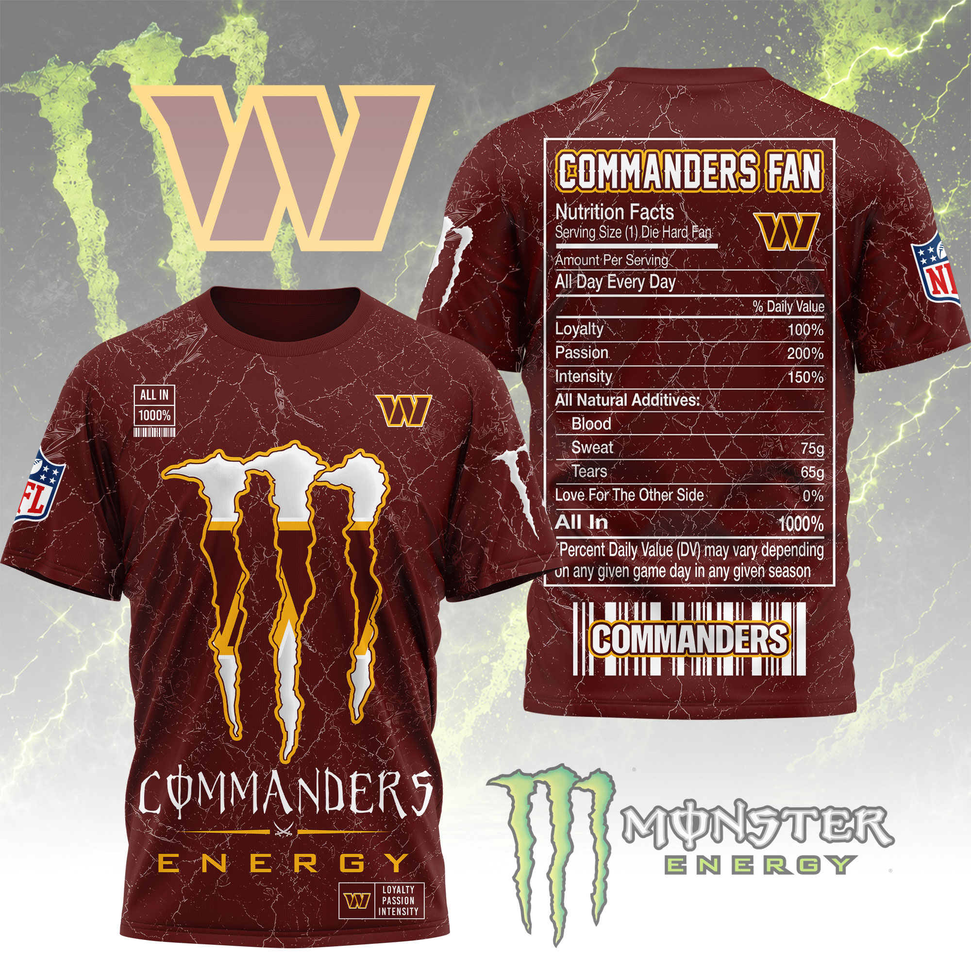 Washington Commanders x Premium NFL Monster Energy Nutrition 3D T-Shirt – Limited Edition TTH200500 - Image 2