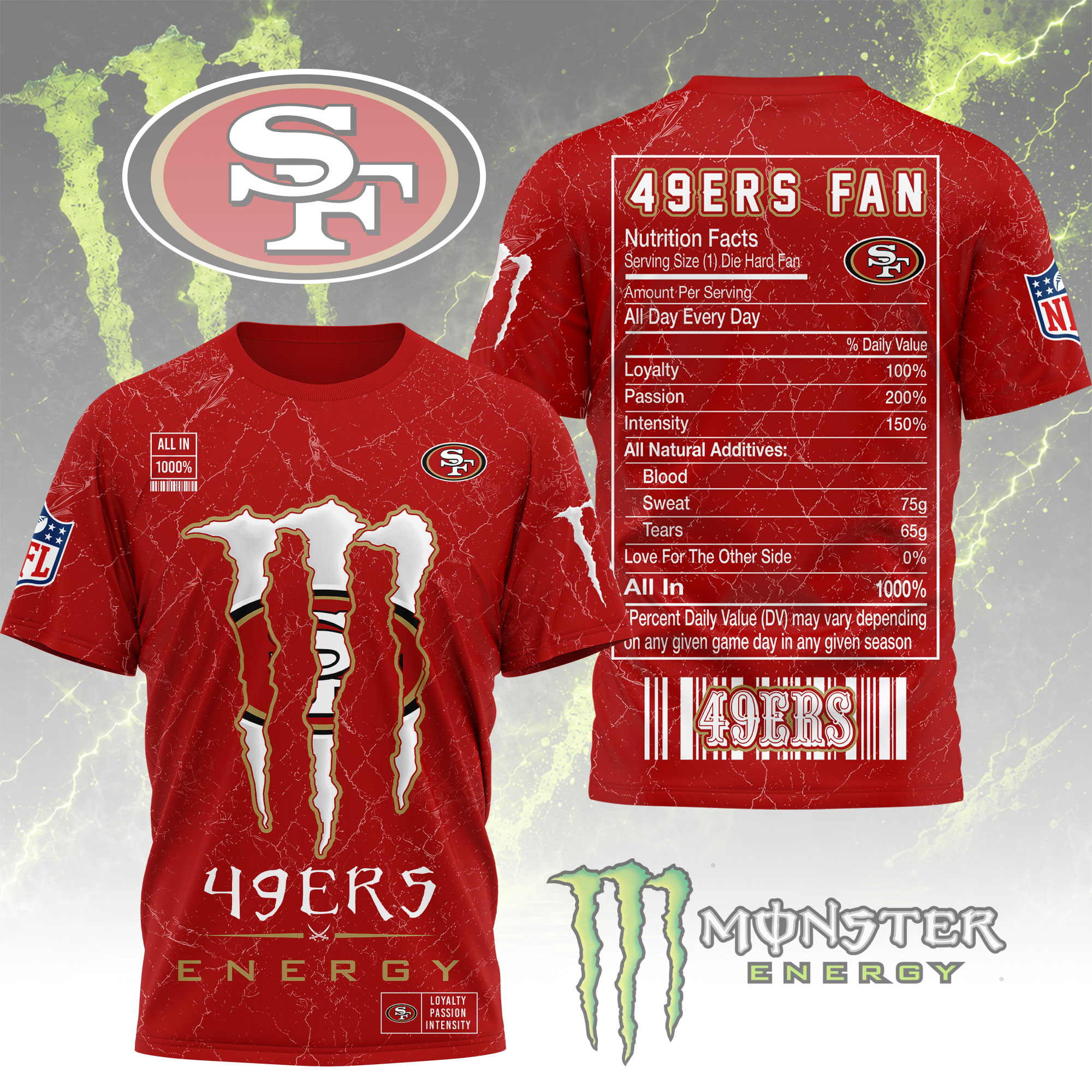 San Francisco 49ers x Premium NFL Monster Energy Nutrition 3D T-Shirt – Limited Edition TTH200500 - Image 2