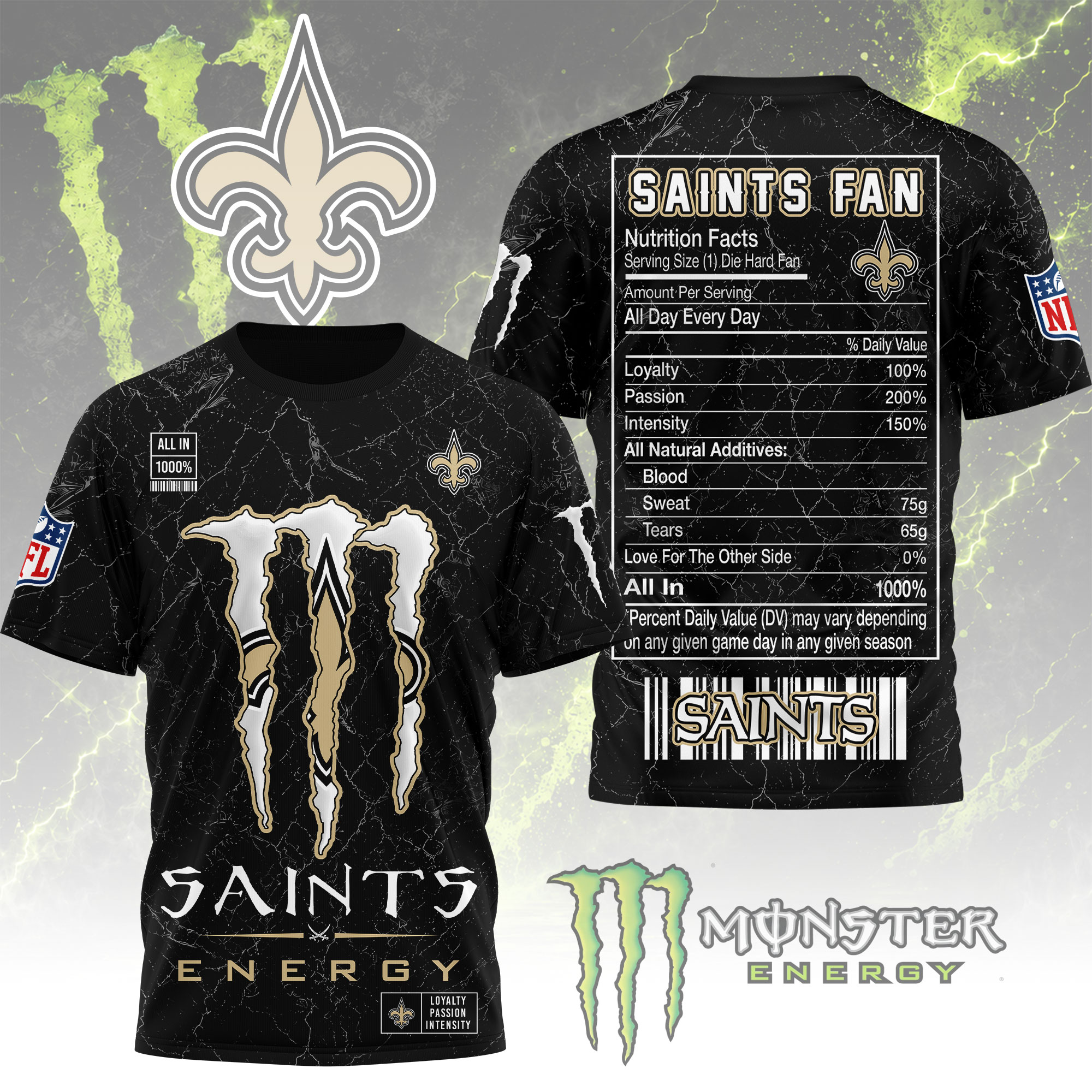 New Orleans Saints x Premium NFL Monster Energy Nutrition 3D T-Shirt – Limited Edition TTH200500 - Image 2