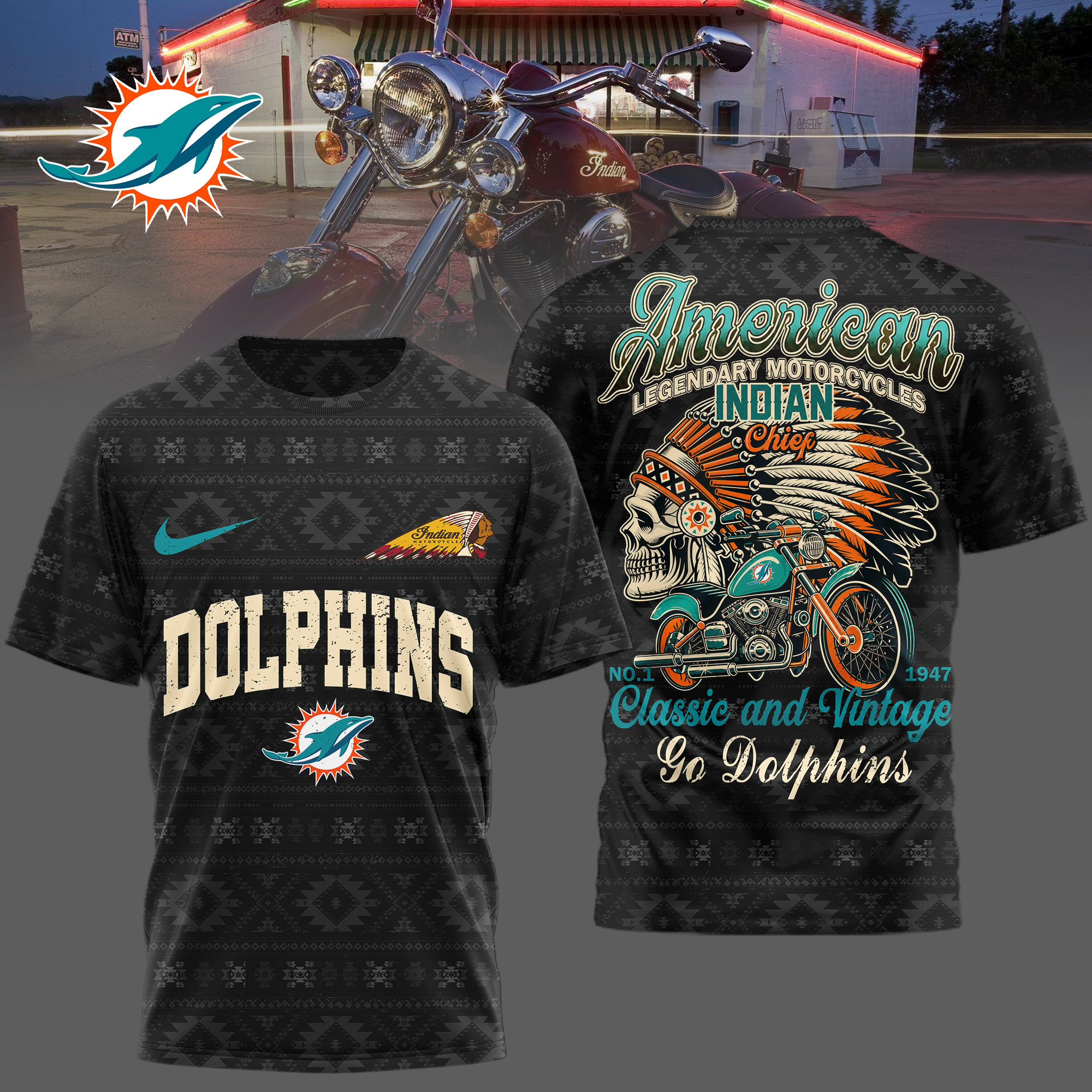 Miami Dolphins x Premium NFL Indian Motorcycle 3D T-Shirt – Limited Edition TTH200501 - Image 2
