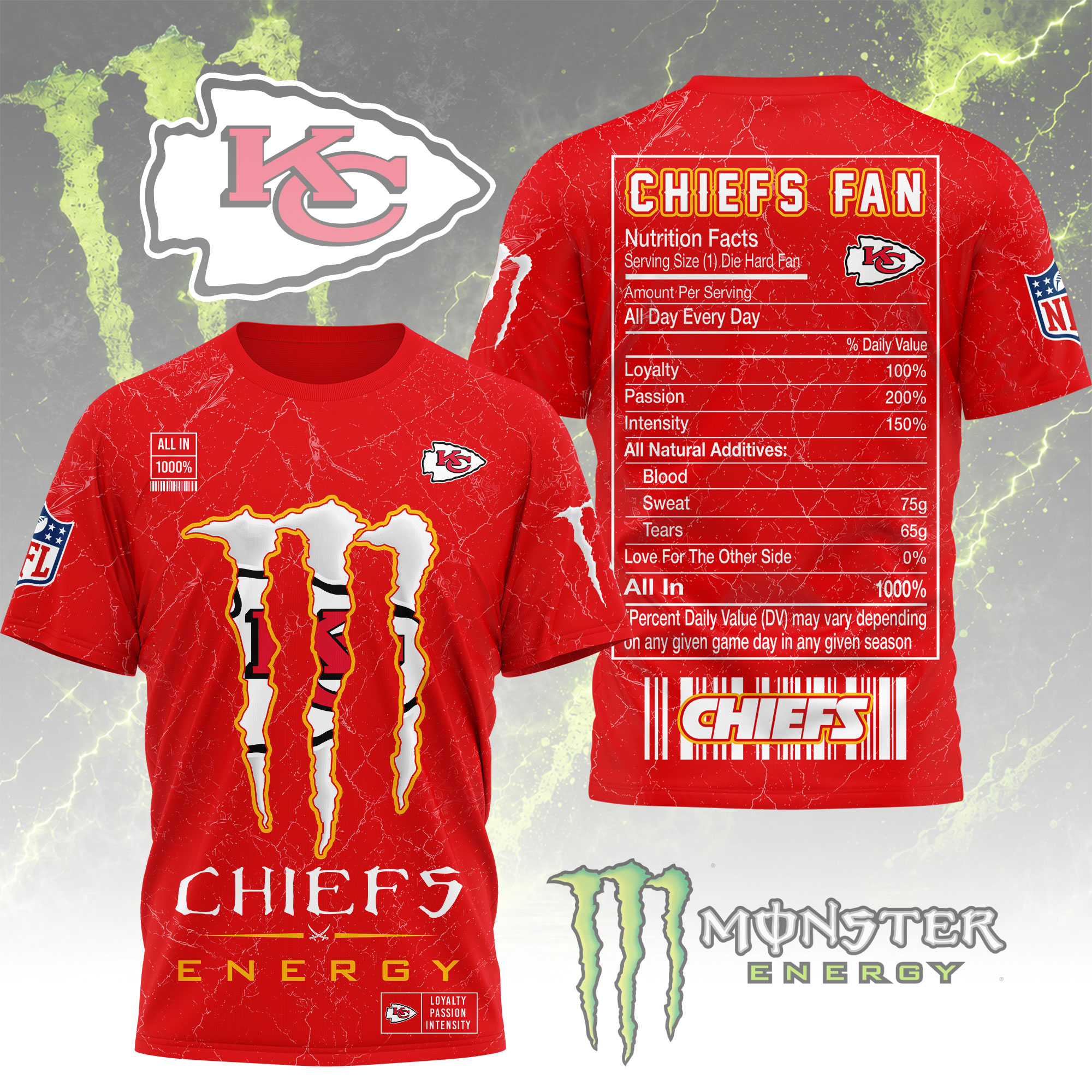 Kansas City Chiefs x Premium NFL Monster Energy Nutrition 3D T-Shirt – Limited Edition TTH200500 - Image 2