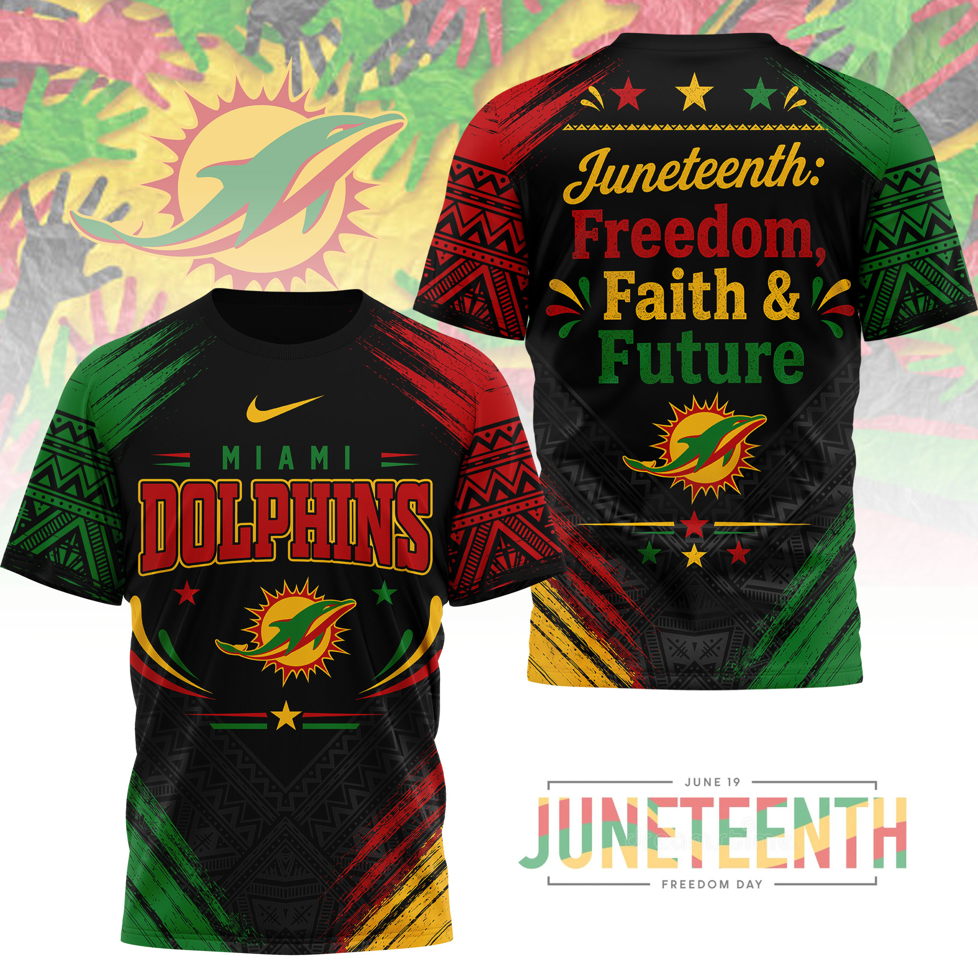 Miami Dolphins x Premium NFL Juneteeth Freedom Faith & Future 3D T-Shirt – Limited Edition TTH200504 - Image 2