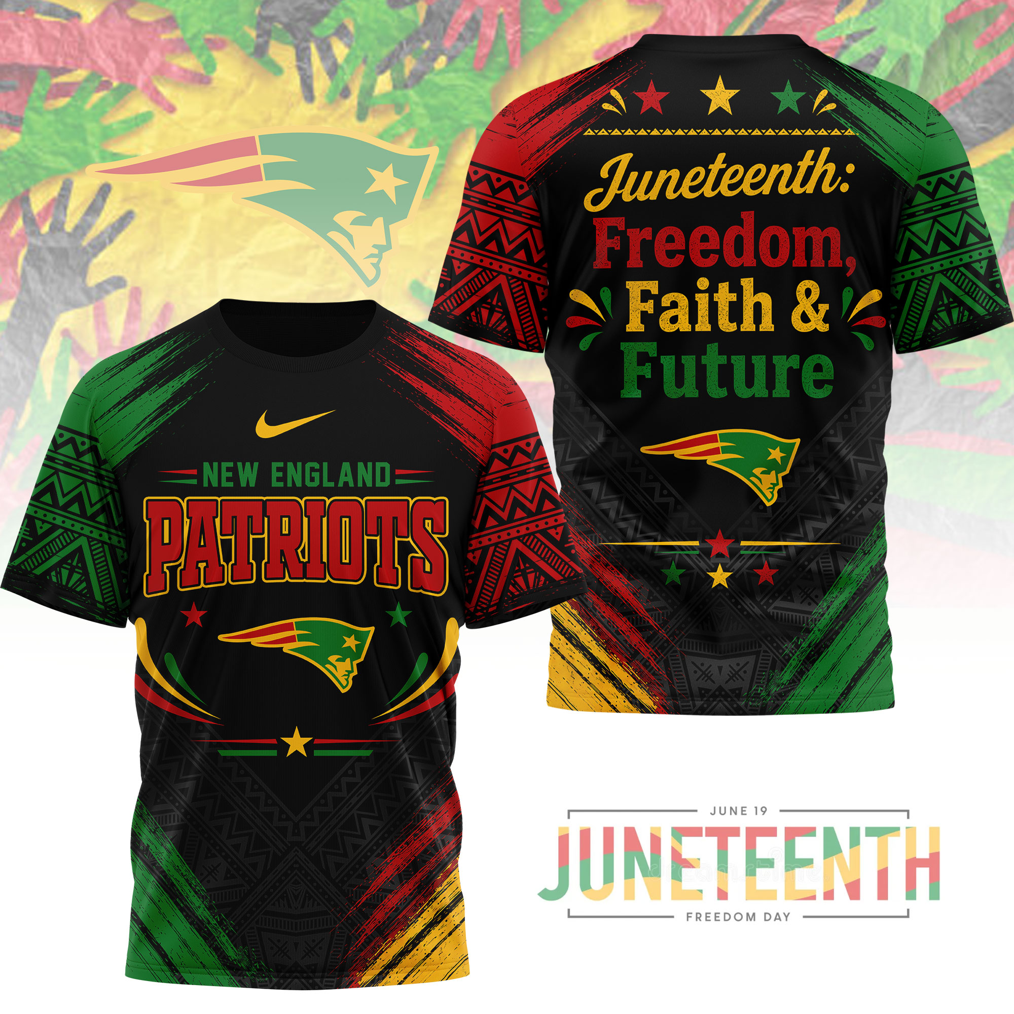 New England Patriots x Premium NFL Juneteeth Freedom Faith & Future 3D T-Shirt – Limited Edition TTH200504 - Image 2