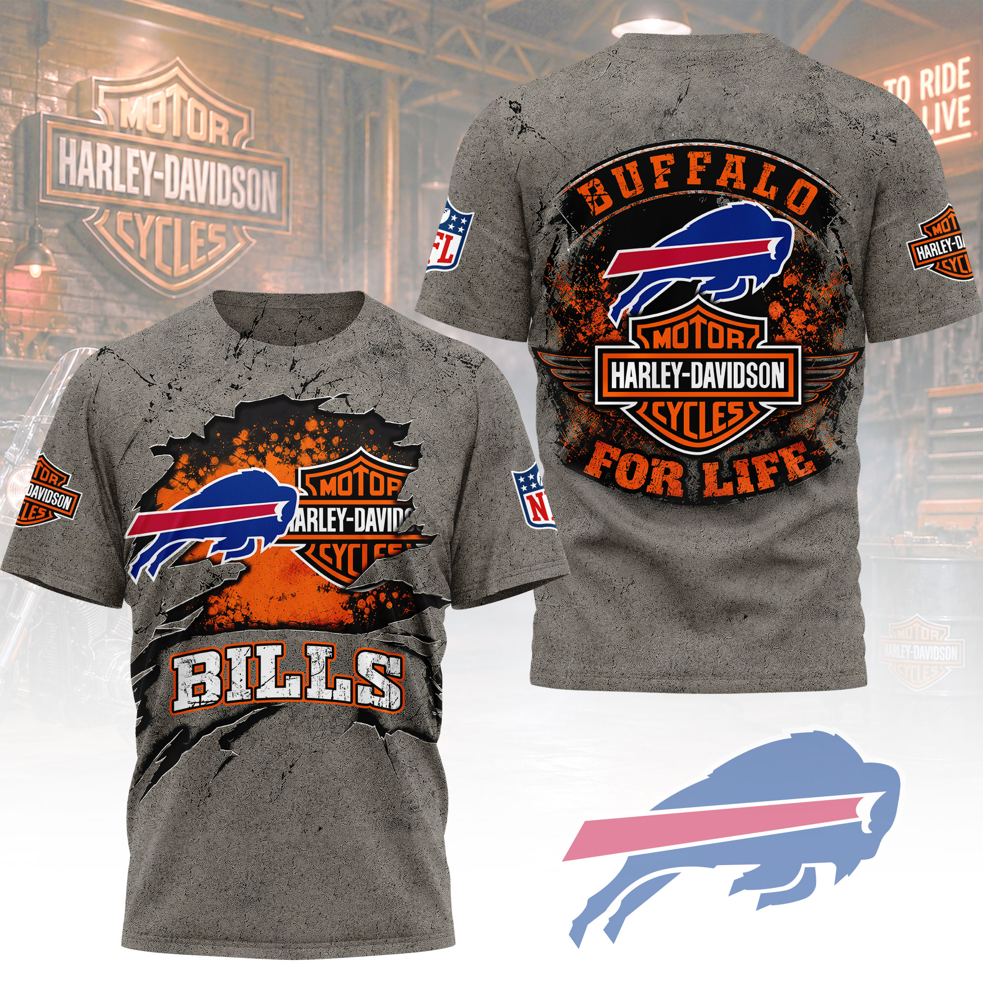 Buffalo Bills x Premium NFL Harley Davidson For Life 3D T-Shirt – Limited Edition TTH200510 - Image 2
