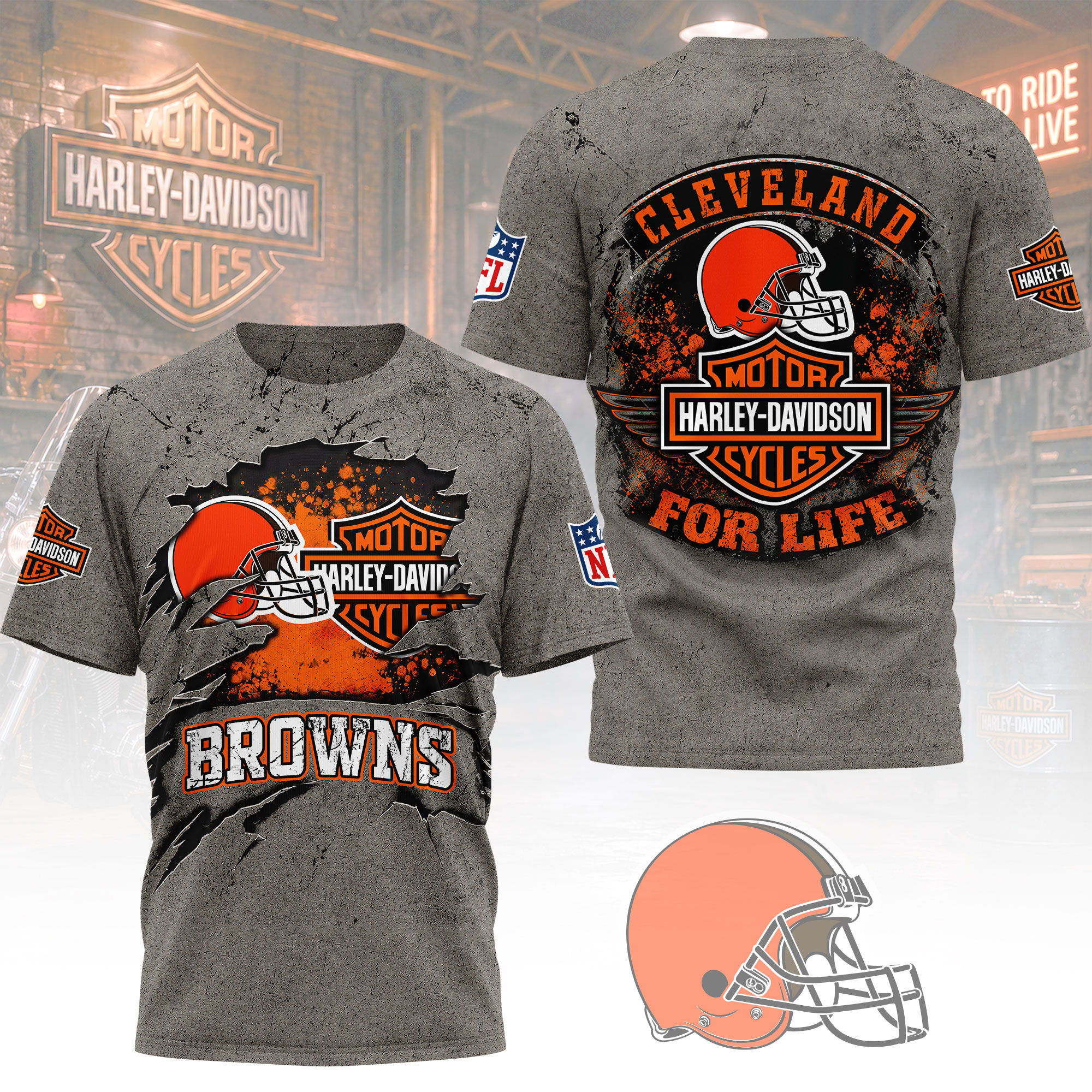 Cleveland Browns x Premium NFL Harley Davidson For Life 3D T-Shirt – Limited Edition TTH200510 - Image 2