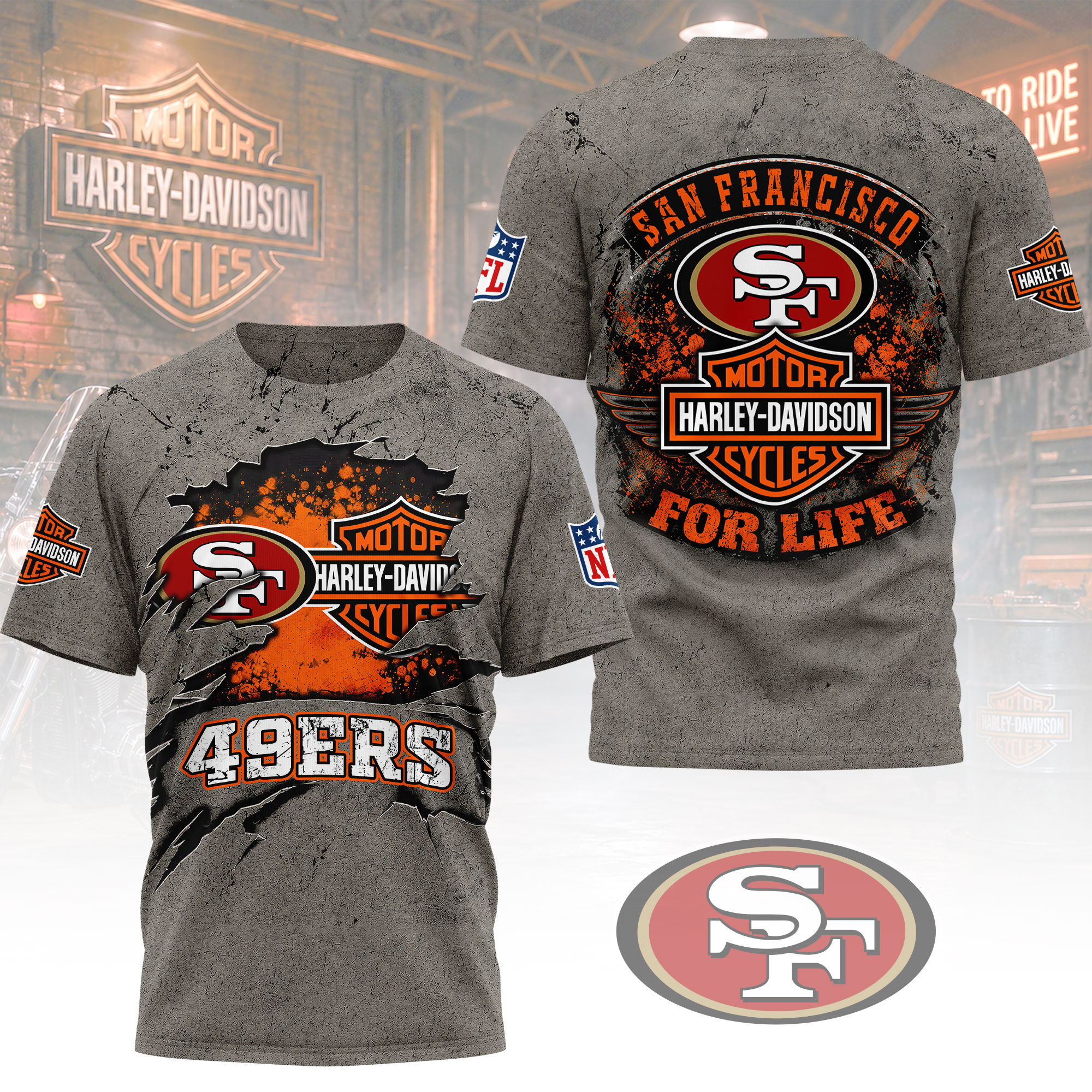 San Francisco 49ers x Premium NFL Harley Davidson For Life 3D T-Shirt – Limited Edition TTH200510 - Image 2