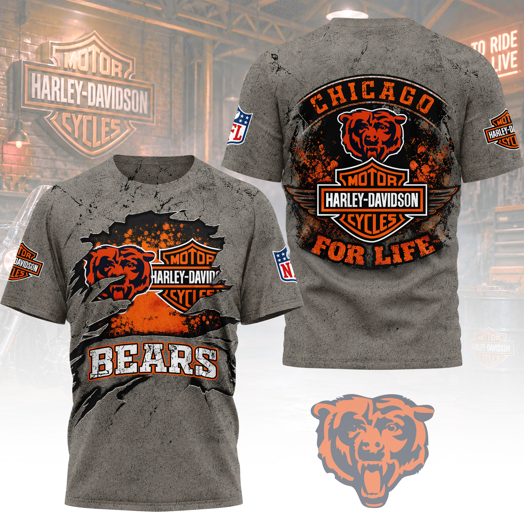 Chicago Bears x Premium NFL Harley Davidson For Life 3D T-Shirt – Limited Edition TTH200510 - Image 2