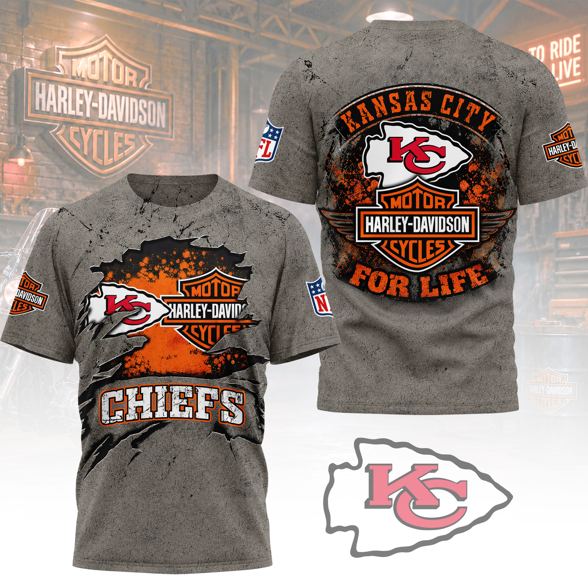 Kansas City Chiefs x Premium NFL Harley Davidson For Life 3D T-Shirt – Limited Edition TTH200510 - Image 2