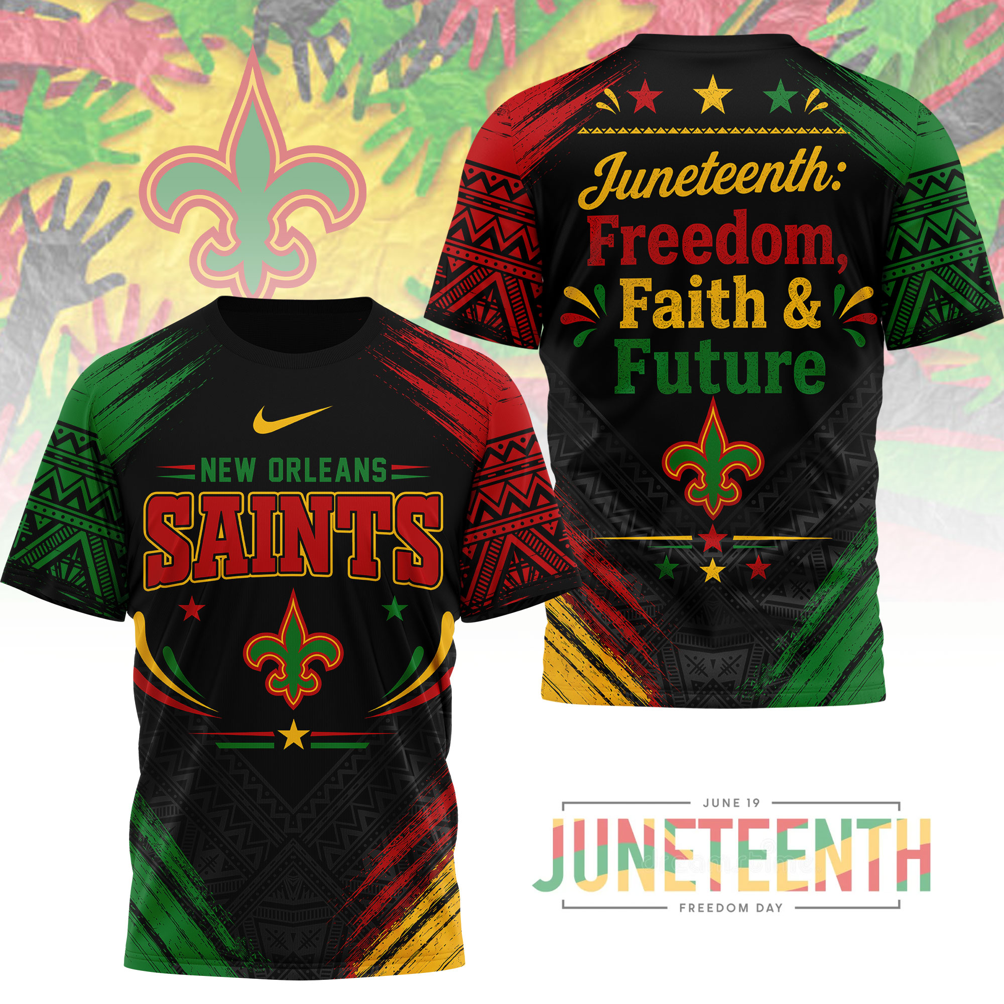 New Orleans Saints x Premium NFL Juneteeth Freedom Faith & Future 3D T-Shirt – Limited Edition TTH200504 - Image 2
