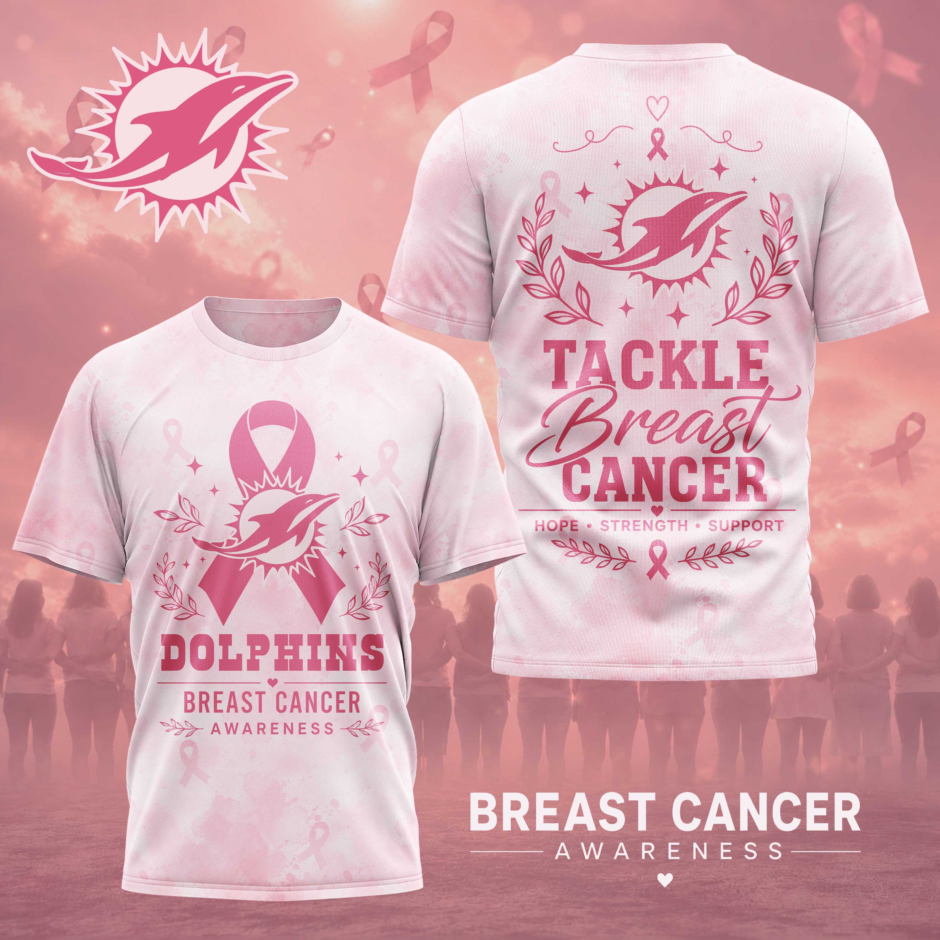 Miami Dolphins x Premium NFL Hope Strength Support Breast Cancer 3D T-Shirt – Limited Edition TTH200508 - Image 2