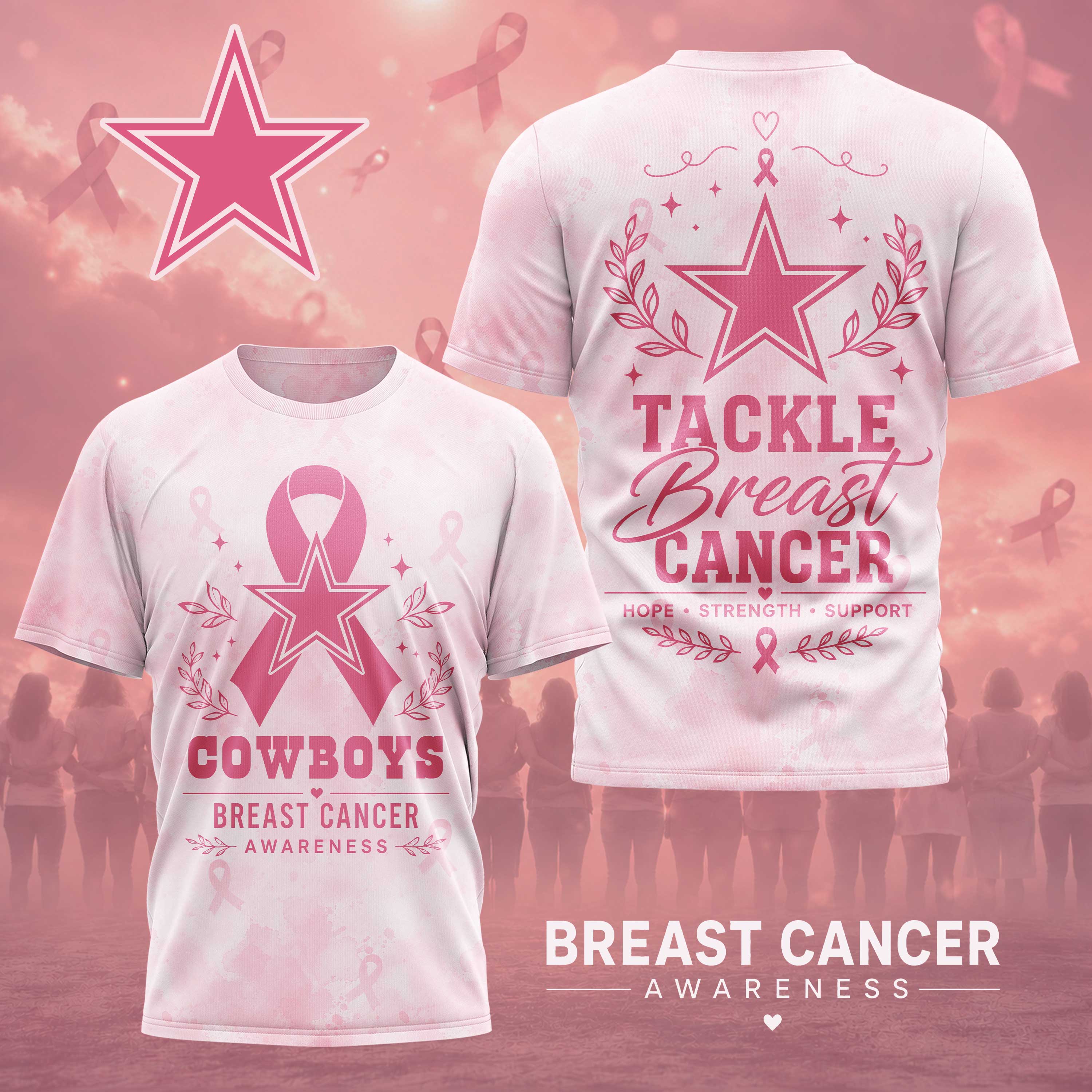 Dallas Cowboys x Premium NFL Hope Strength Support Breast Cancer 3D T-Shirt – Limited Edition TTH200508 - Image 2