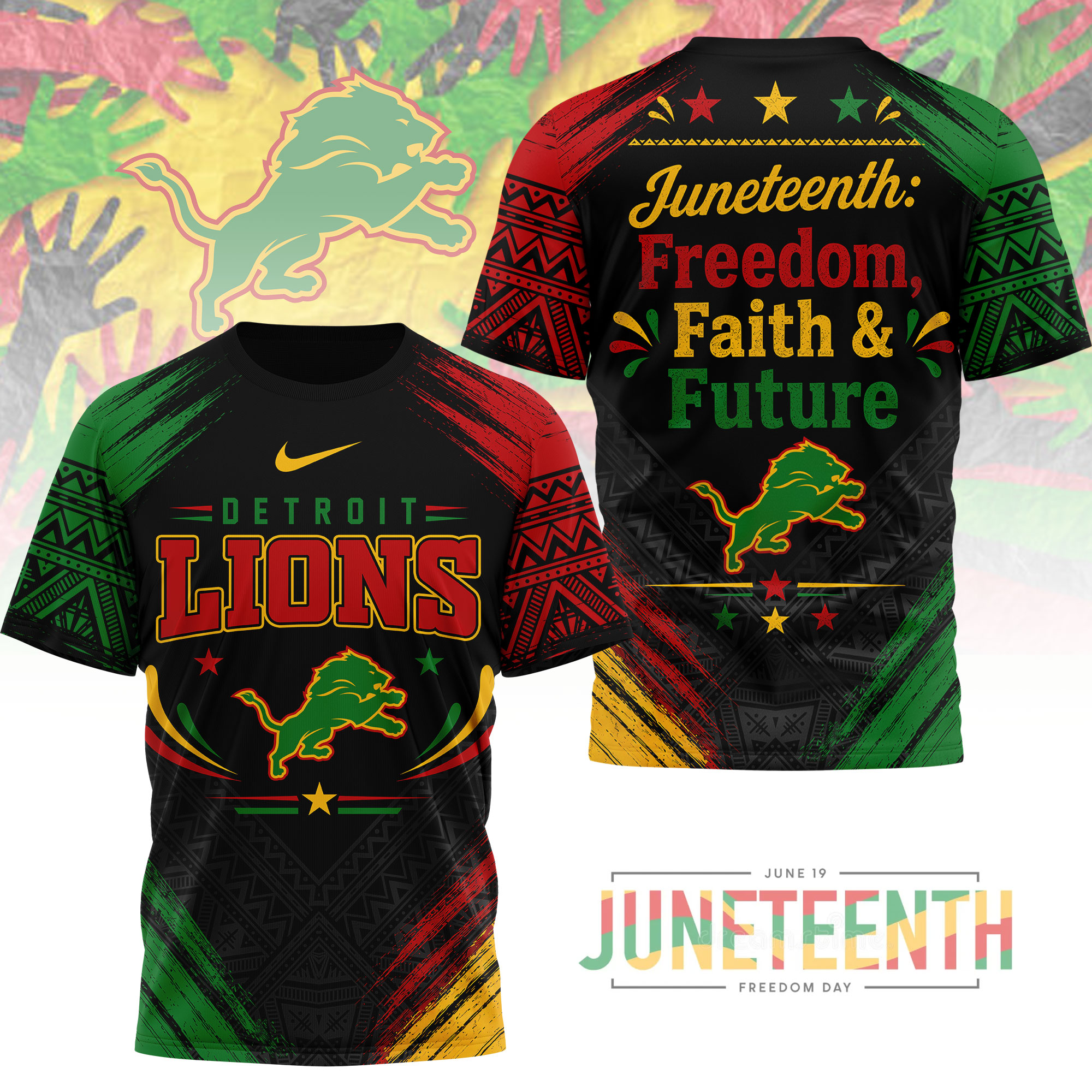 Detroit Lions x Premium NFL Juneteeth Freedom Faith & Future 3D T-Shirt – Limited Edition TTH200504 - Image 2