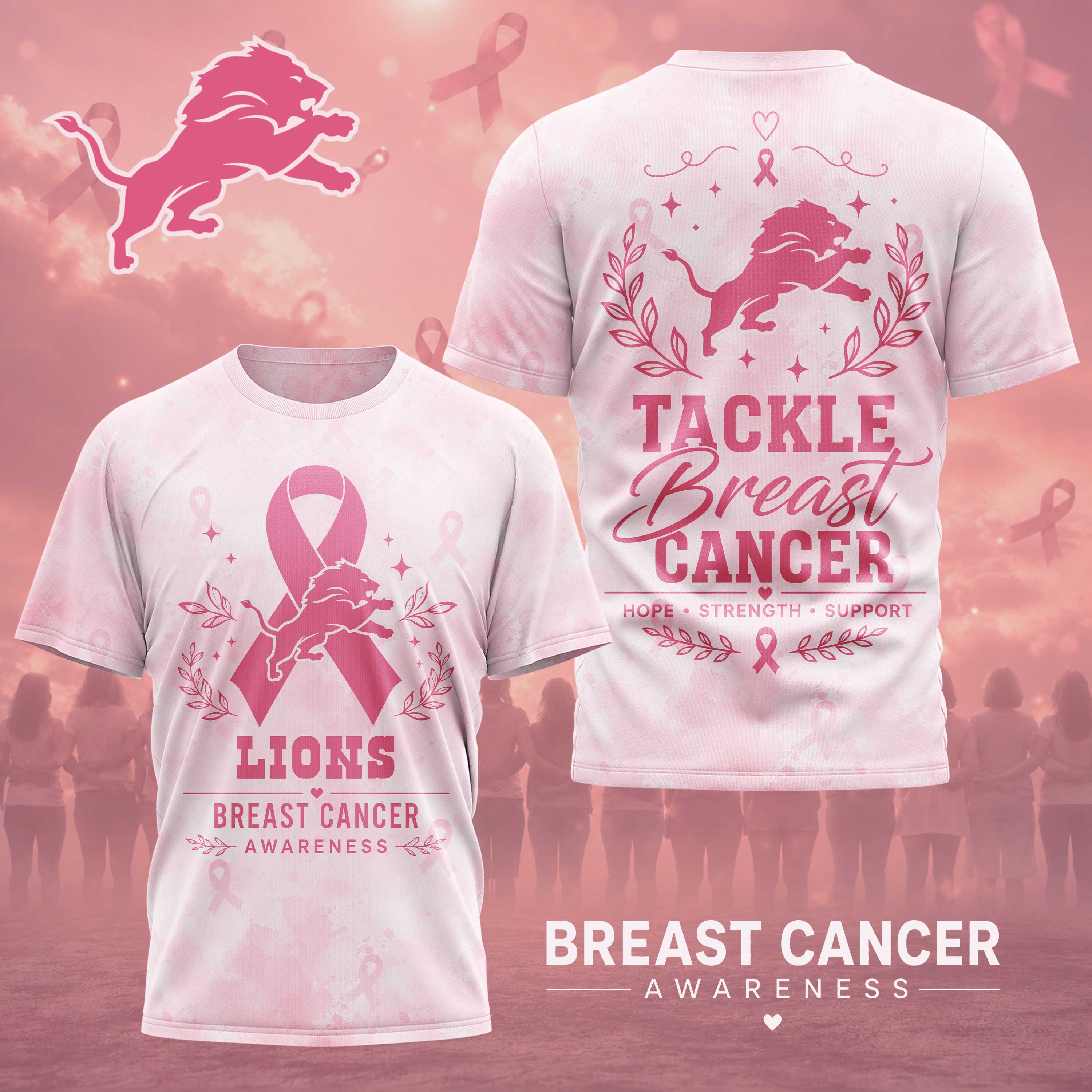 Detroit Lions x Premium NFL Hope Strength Support Breast Cancer 3D T-Shirt – Limited Edition TTH200508 - Image 2