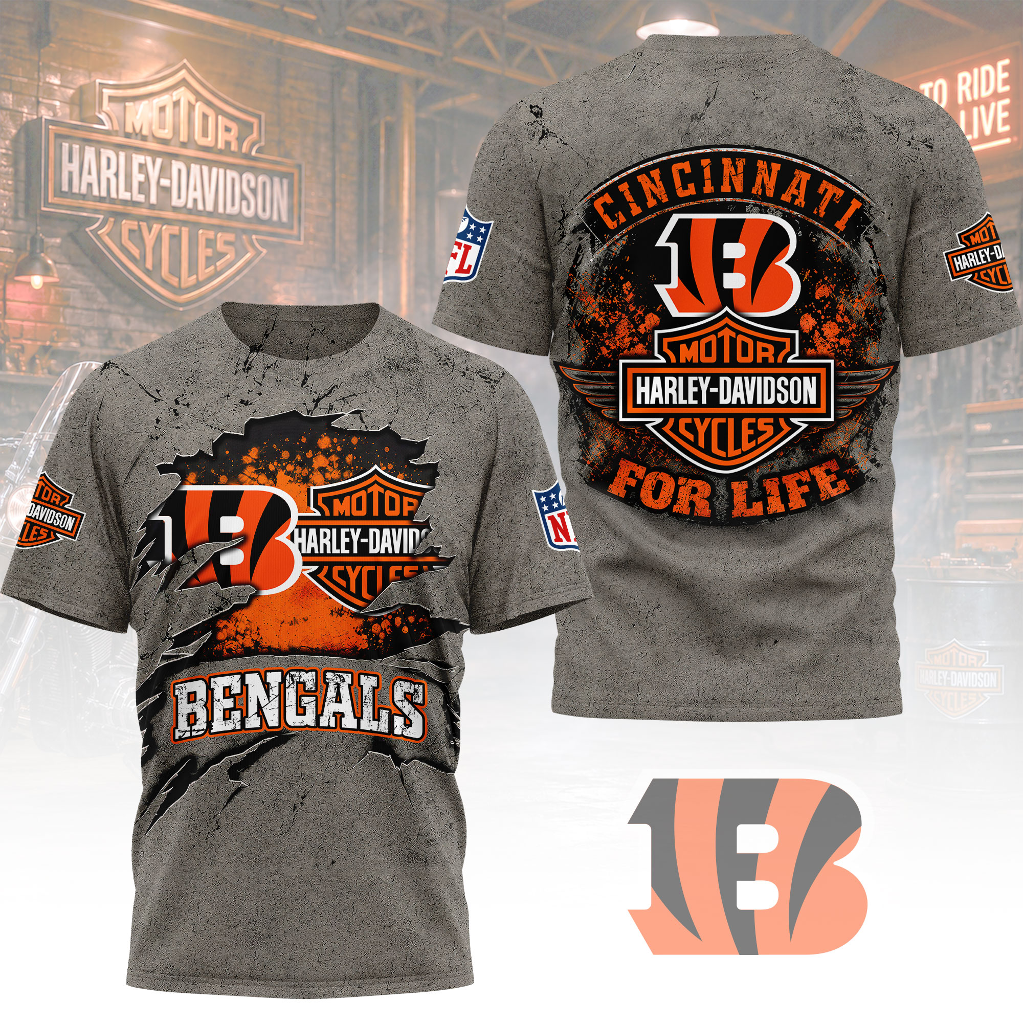 Cincinnati Bengals x Premium NFL Harley Davidson For Life 3D T-Shirt – Limited Edition TTH200510 - Image 2