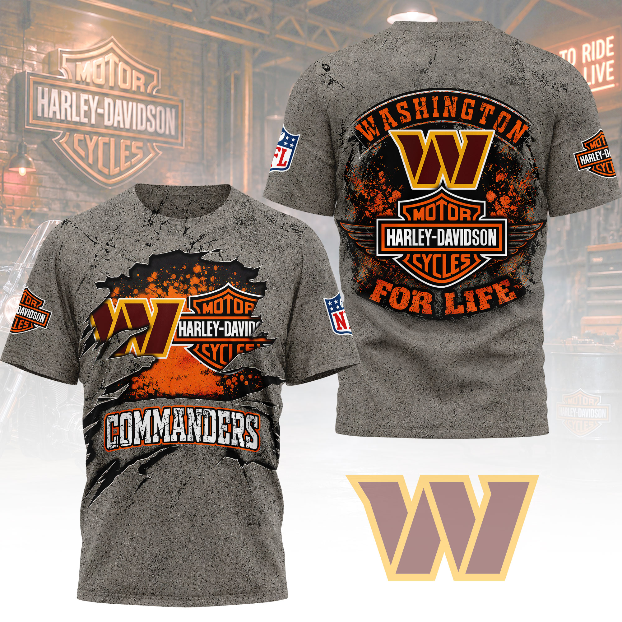 Washington Commanders x Premium NFL Harley Davidson For Life 3D T-Shirt – Limited Edition TTH200510 - Image 2