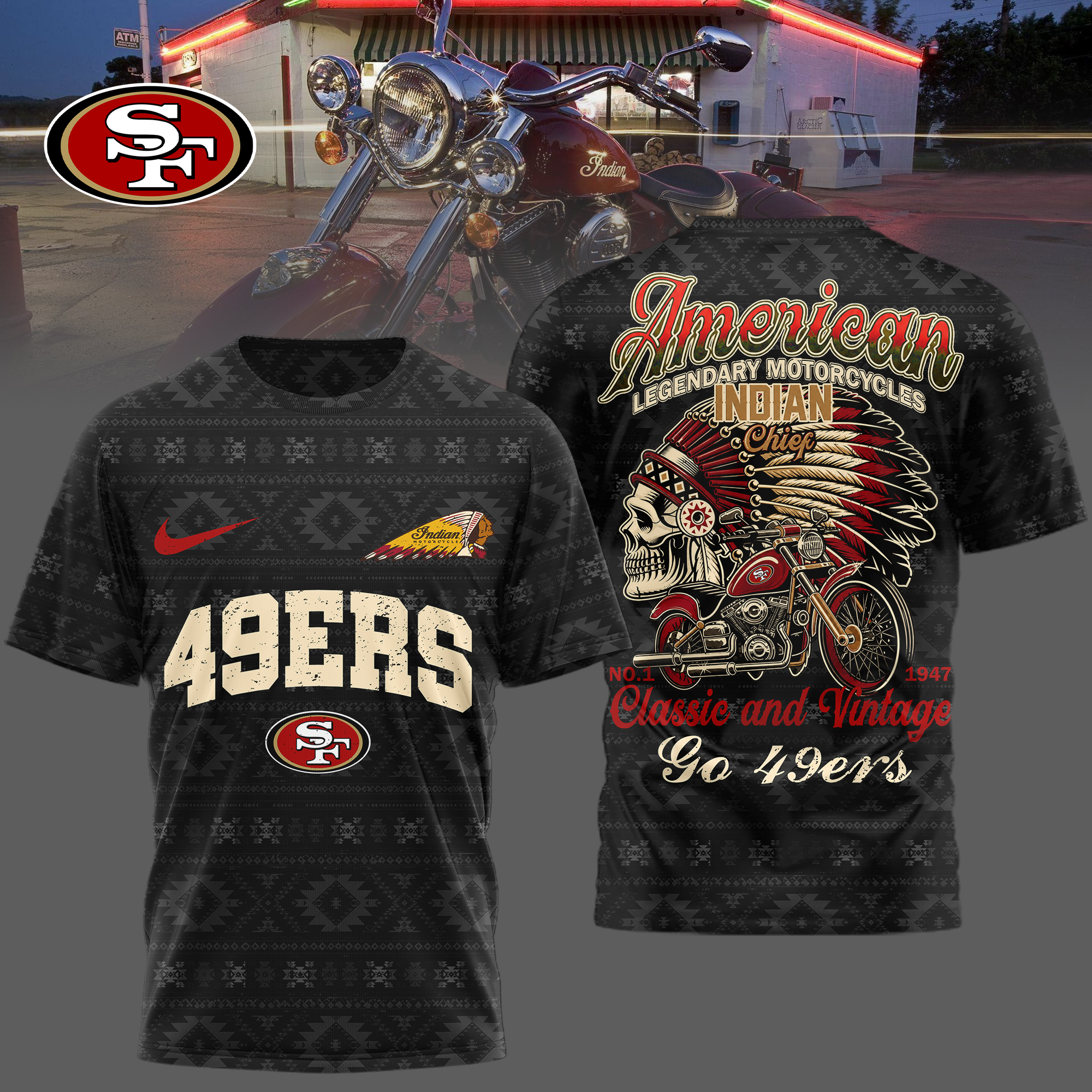 San Francisco 49ers x Premium NFL Indian Motorcycle 3D T-Shirt – Limited Edition TTH200501 - Image 2