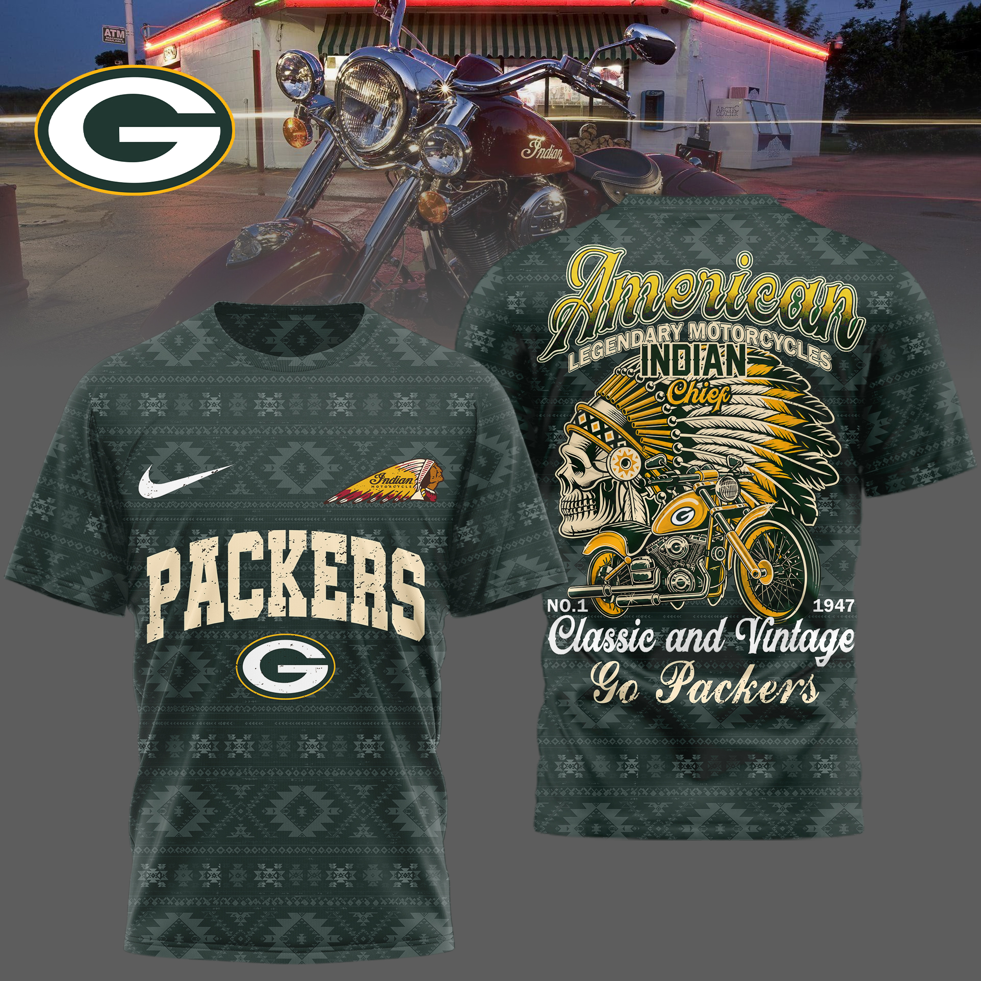 Green Bay Packers x Premium NFL Indian Motorcycle 3D T-Shirt – Limited Edition TTH200501