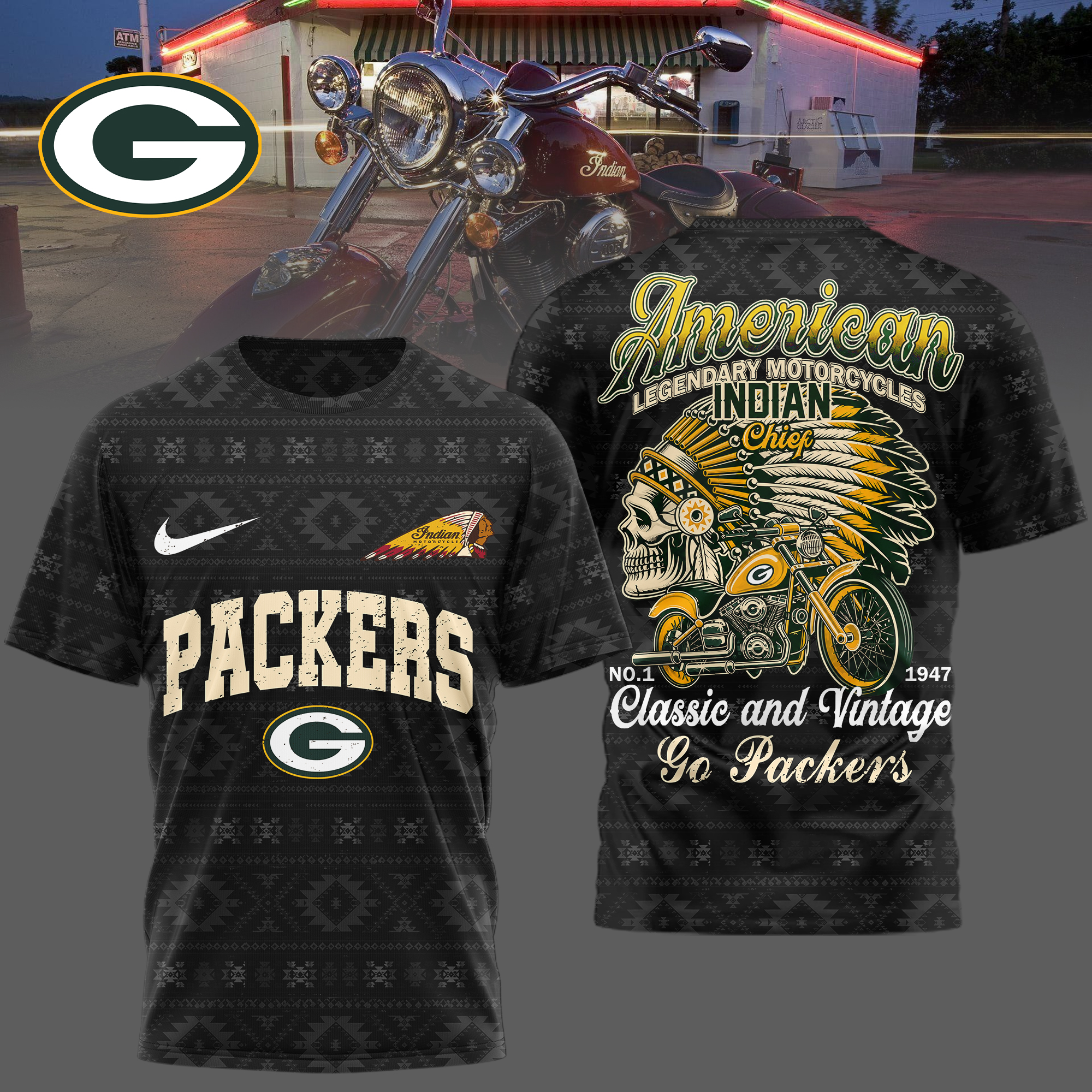 Green Bay Packers x Premium NFL Indian Motorcycle 3D T-Shirt – Limited Edition TTH200501 - Image 2