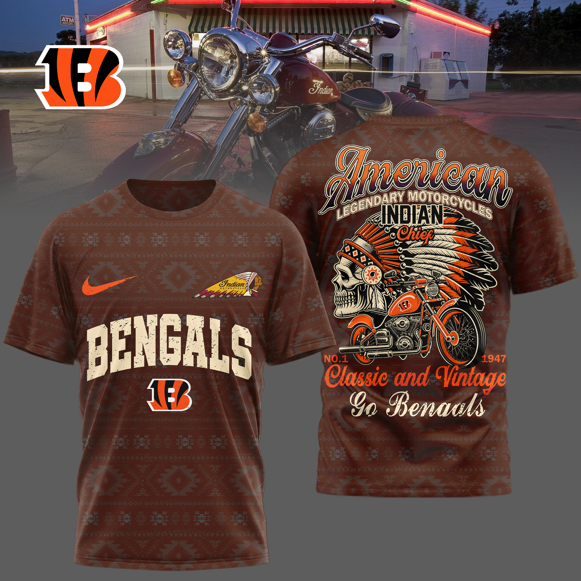 Cincinnati Bengals x Premium NFL Indian Motorcycle 3D T-Shirt – Limited Edition TTH200501 - Image 2
