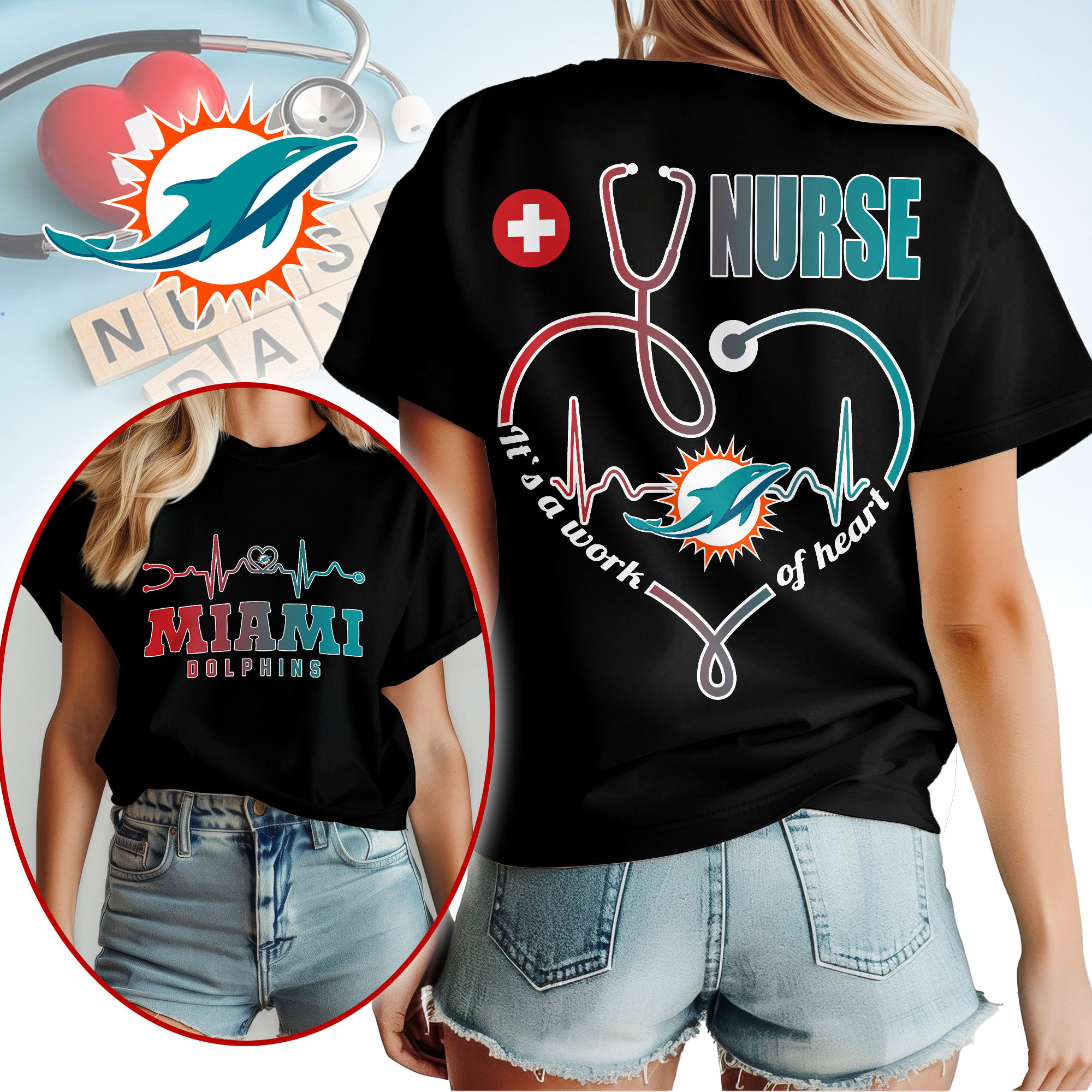 Miami Dolphins | Premium NFL Nurse Heartbeat 3D T-Shirt TTH200586