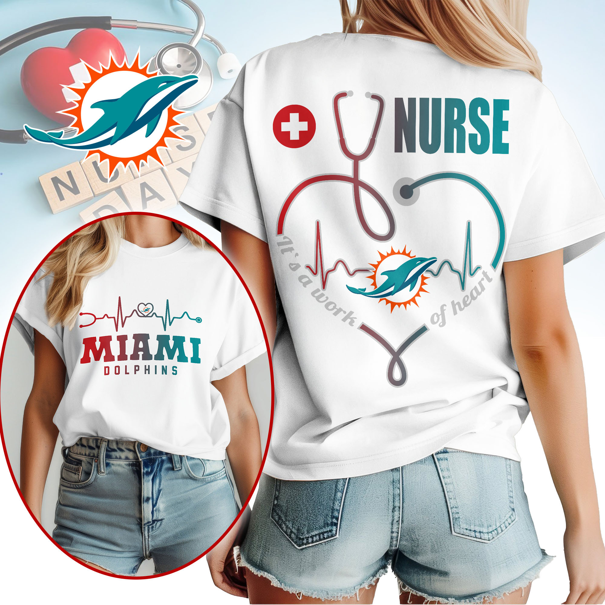 Miami Dolphins | Premium NFL Nurse Heartbeat 3D T-Shirt TTH200586 - Image 2