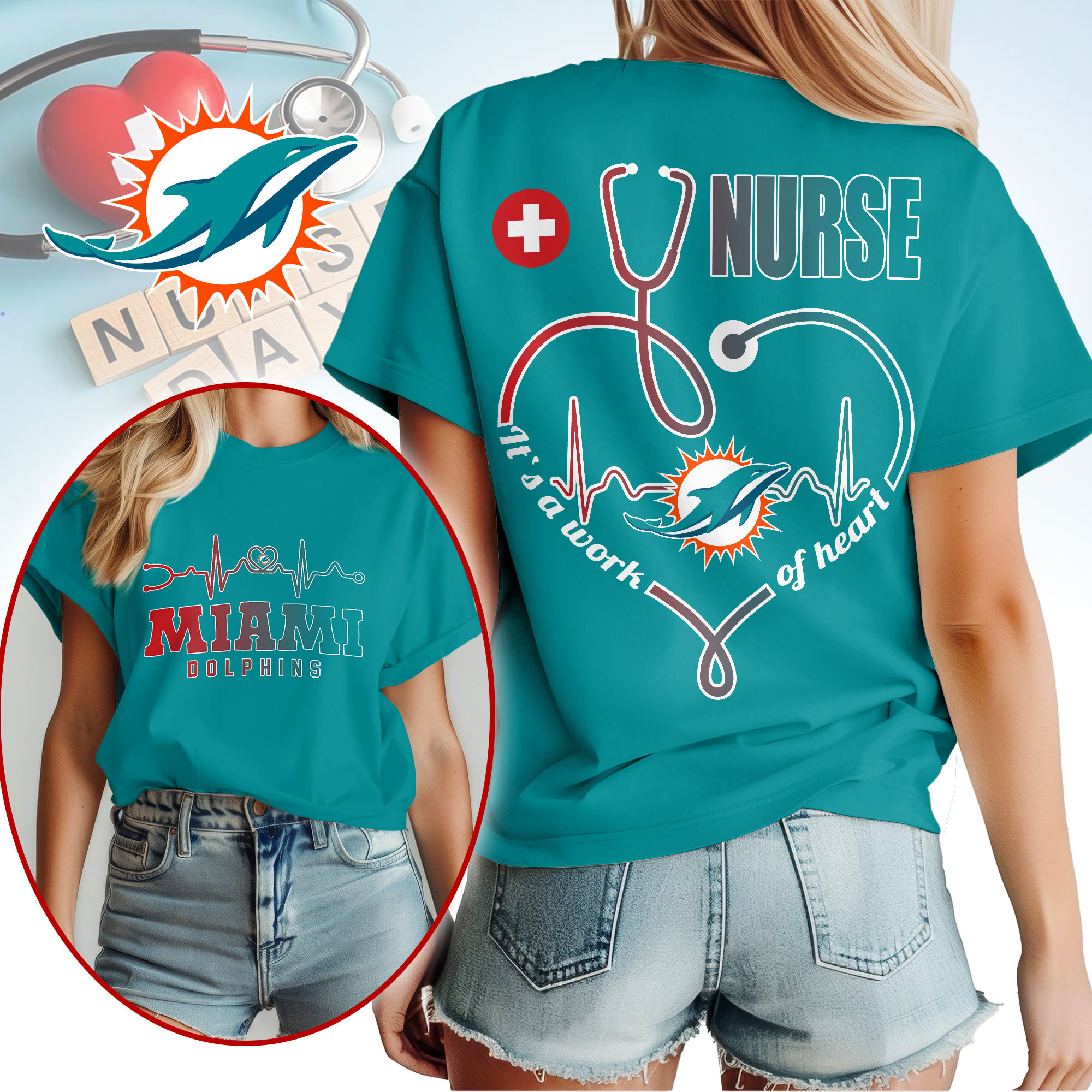 Miami Dolphins | Premium NFL Nurse Heartbeat 3D T-Shirt TTH200586 - Image 3