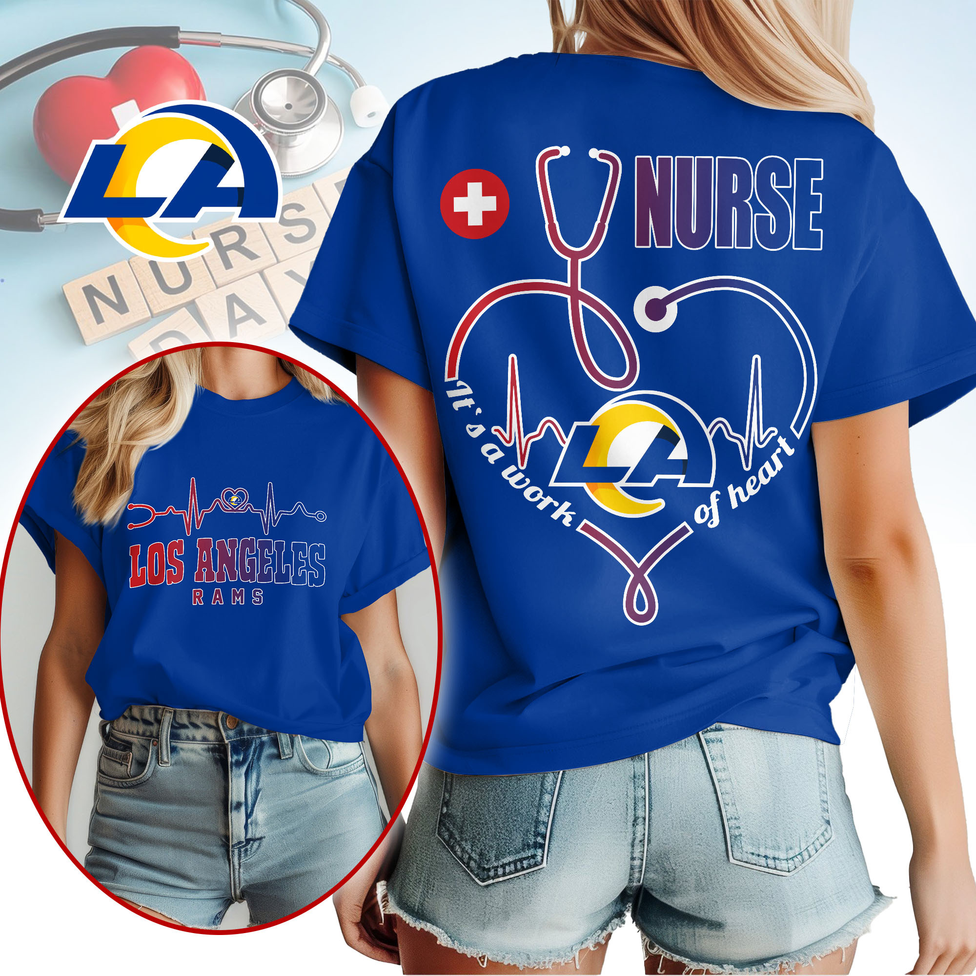 Los Angeles Rams | Premium NFL Nurse Heartbeat 3D T-Shirt TTH200586 - Image 3