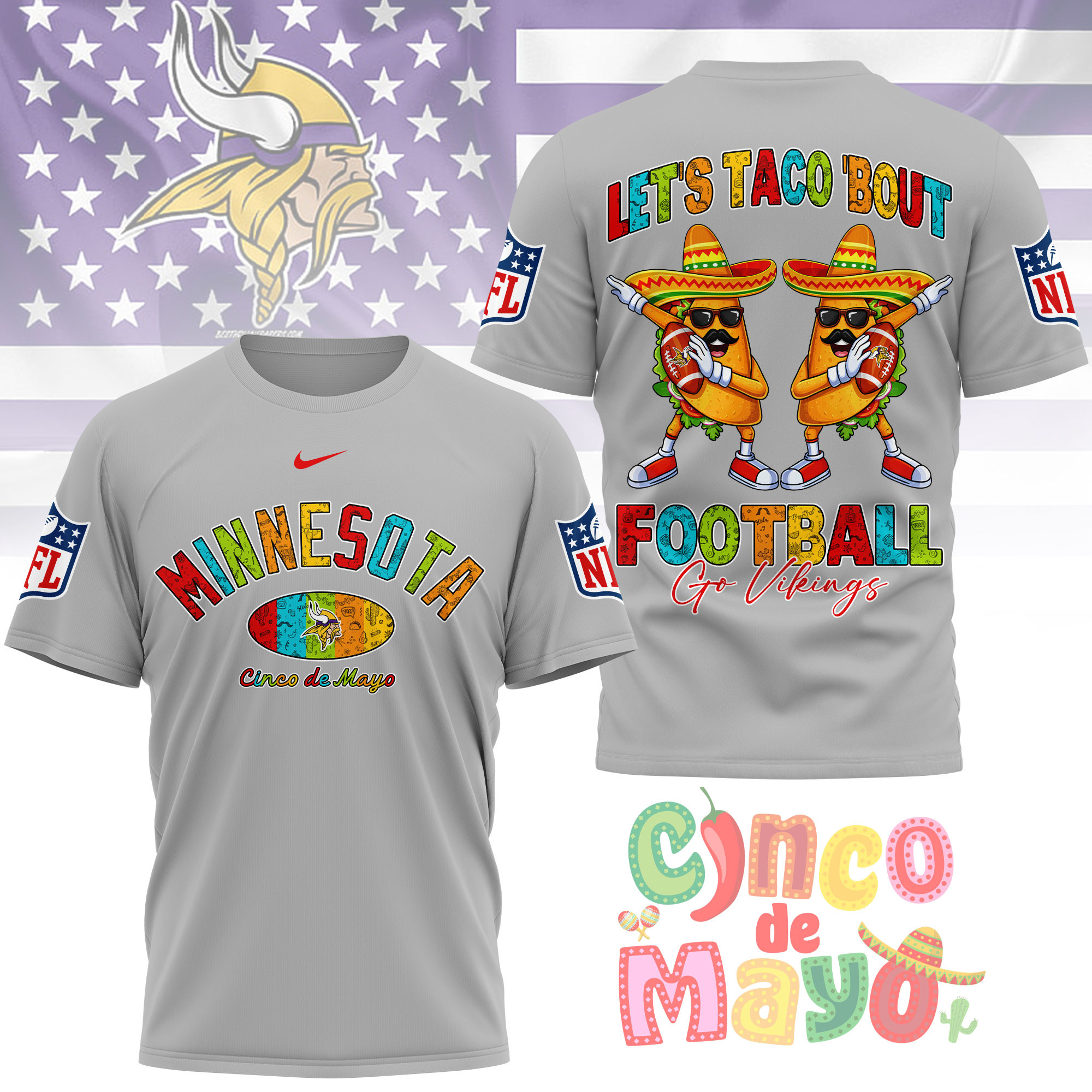 Minnesota Vikings | Premium NFL Taco Cinco de Mayo 3D Shirt TTH200587 - Image 3