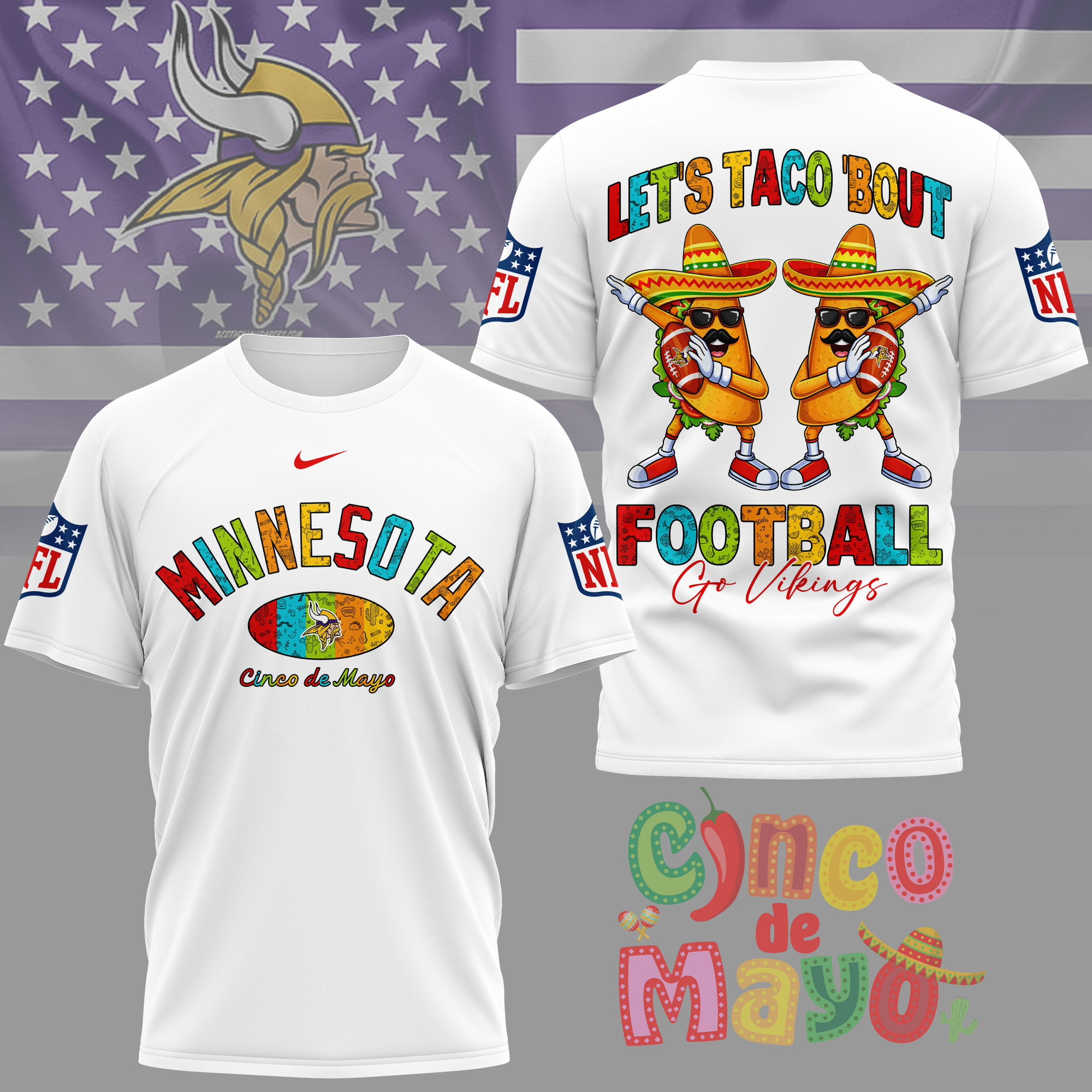 Minnesota Vikings | Premium NFL Taco Cinco de Mayo 3D Shirt TTH200587 - Image 2