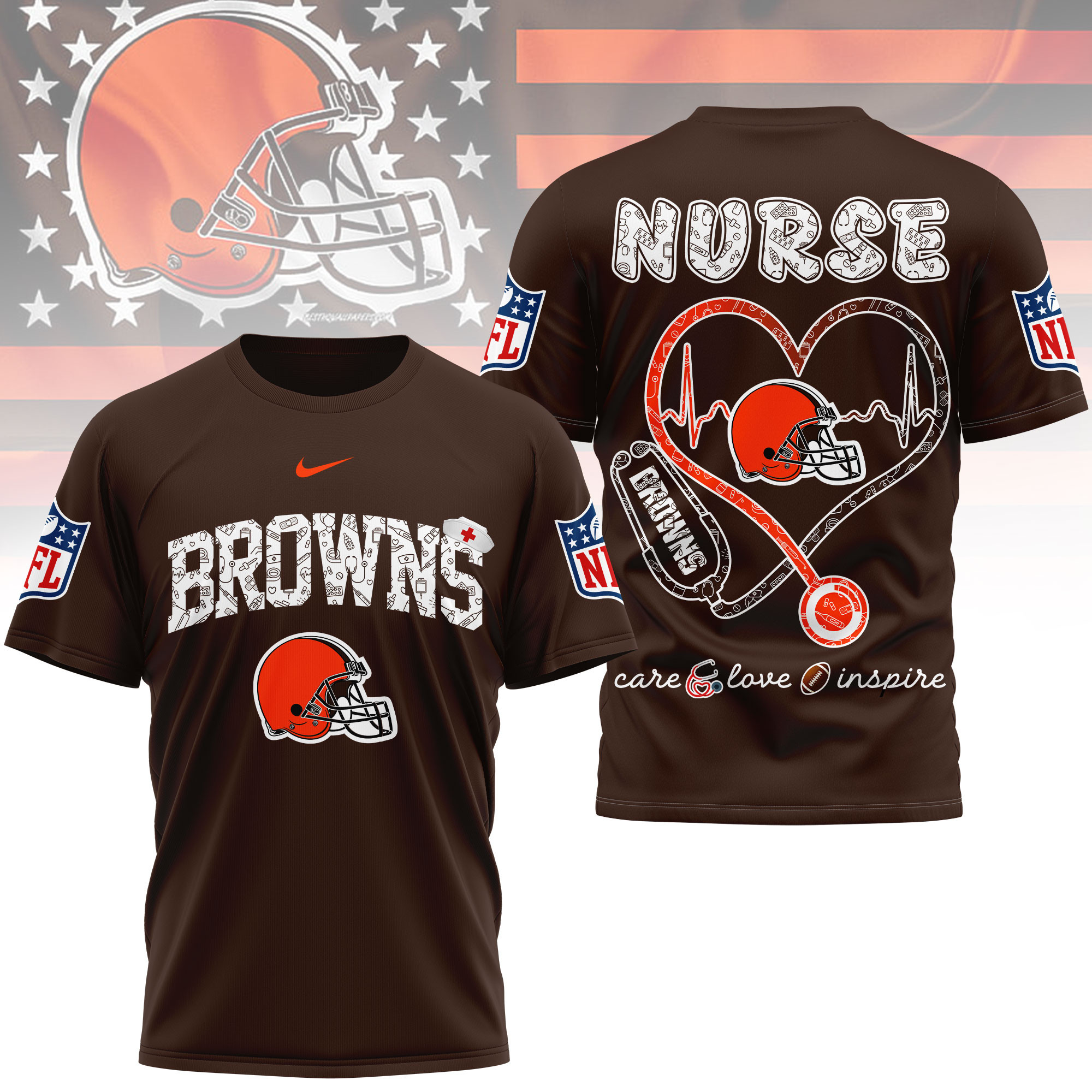 Cleveland Browns x Premium NFL Nurse Love Football 3D T-Shirt – Limited Edition TTH200522 - Image 3