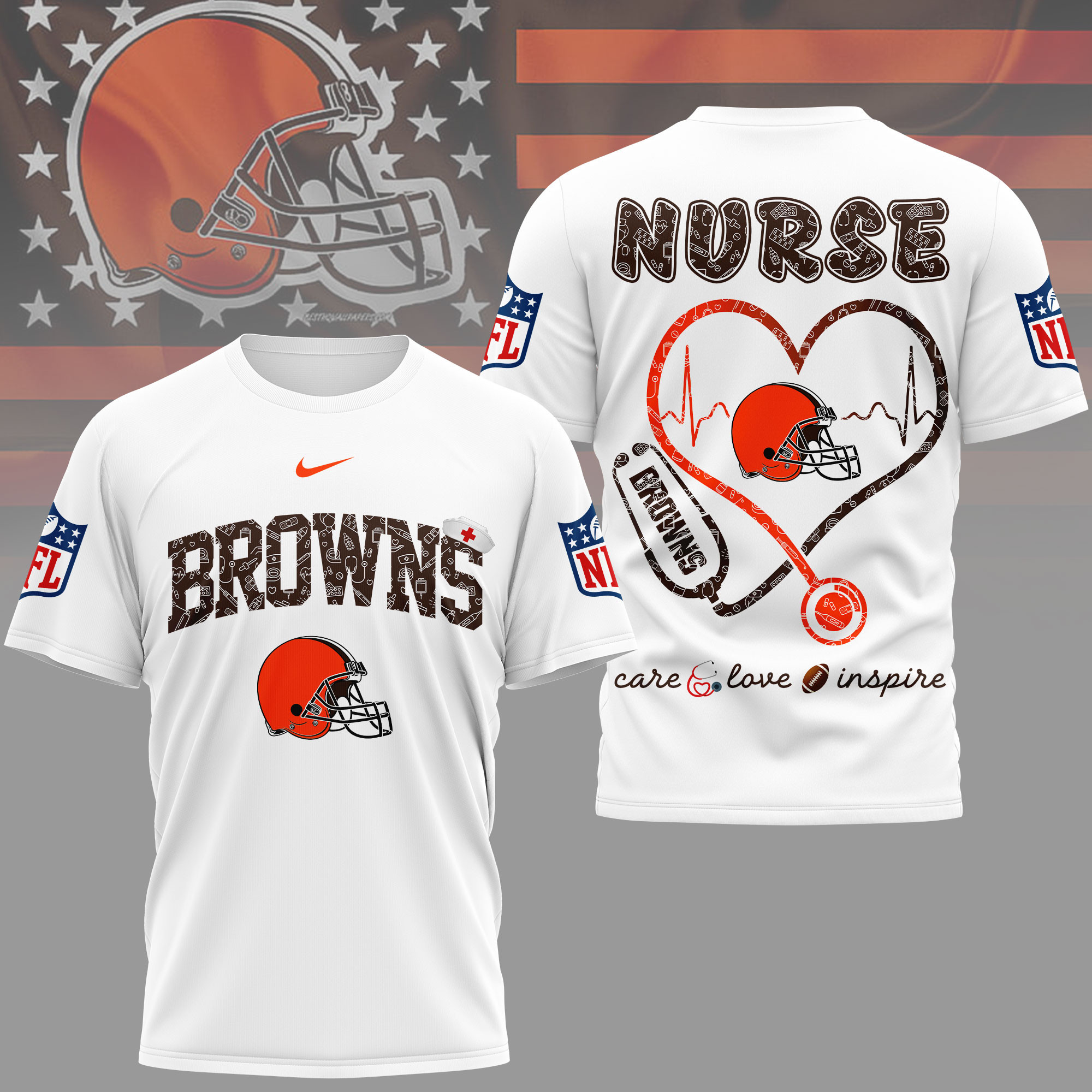 Cleveland Browns x Premium NFL Nurse Love Football 3D T-Shirt – Limited Edition TTH200522 - Image 2