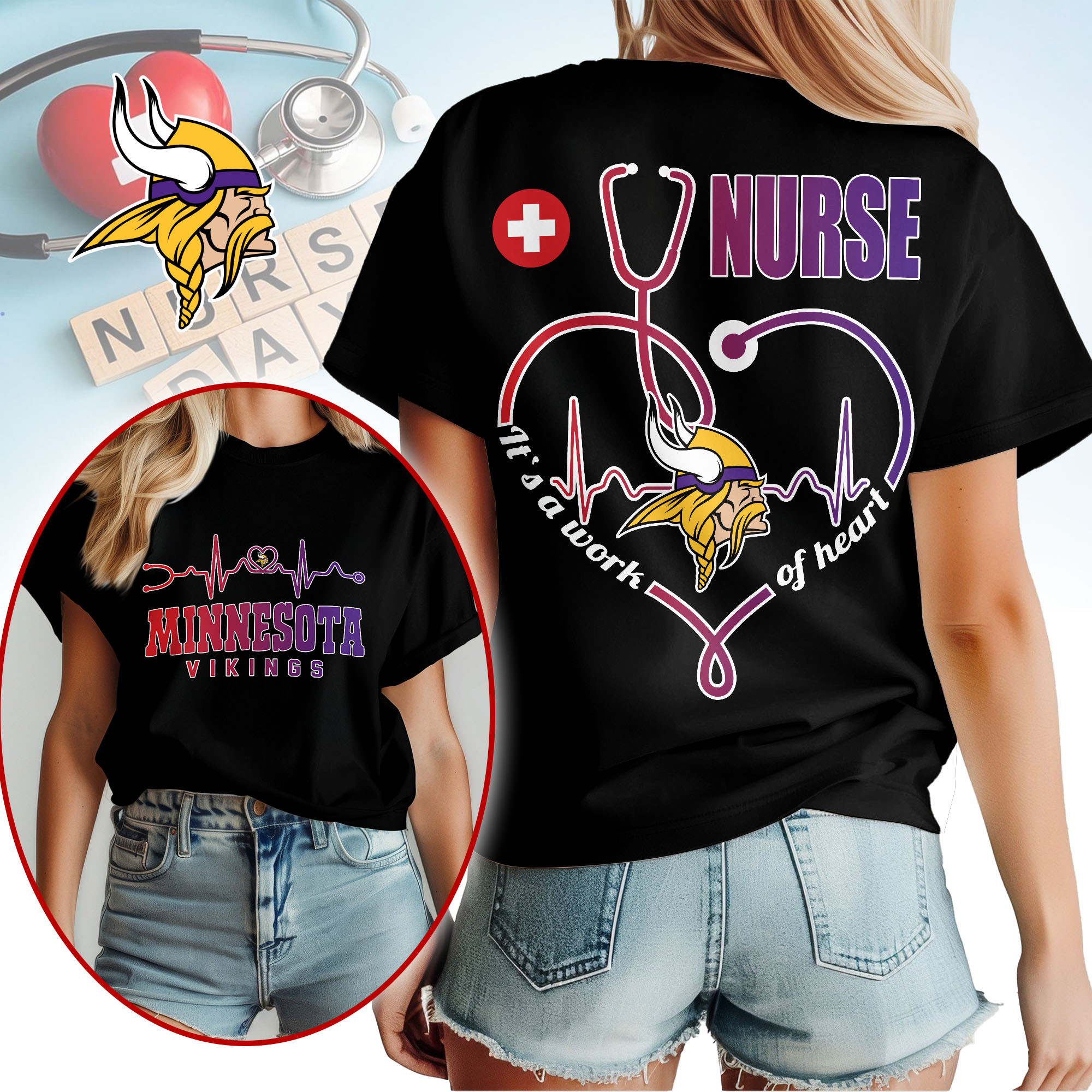 Minnesota Vikings | Premium NFL Nurse Heartbeat 3D T-Shirt TTH200586