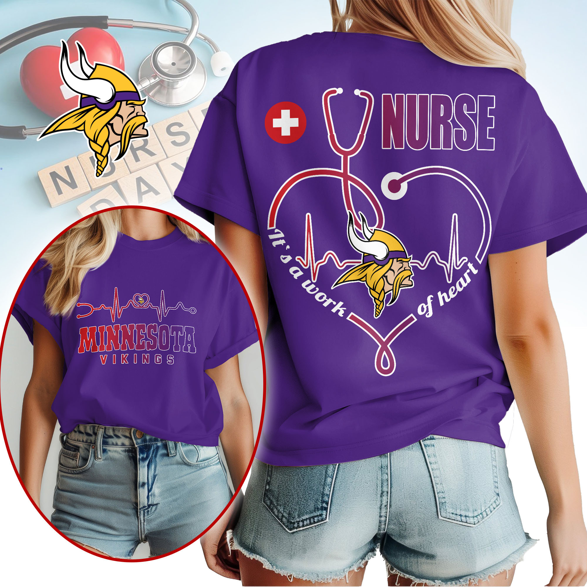 Minnesota Vikings | Premium NFL Nurse Heartbeat 3D T-Shirt TTH200586 - Image 3
