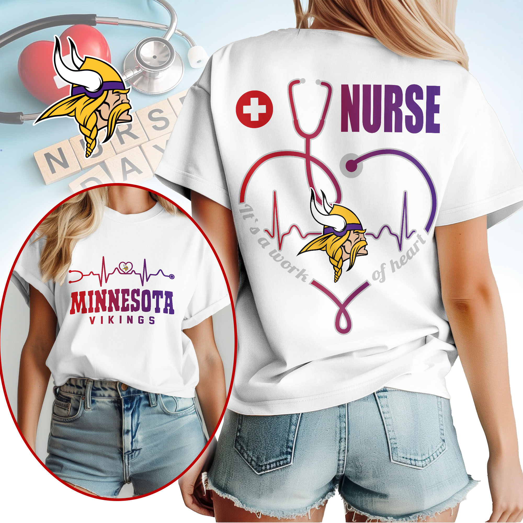 Minnesota Vikings | Premium NFL Nurse Heartbeat 3D T-Shirt TTH200586 - Image 2