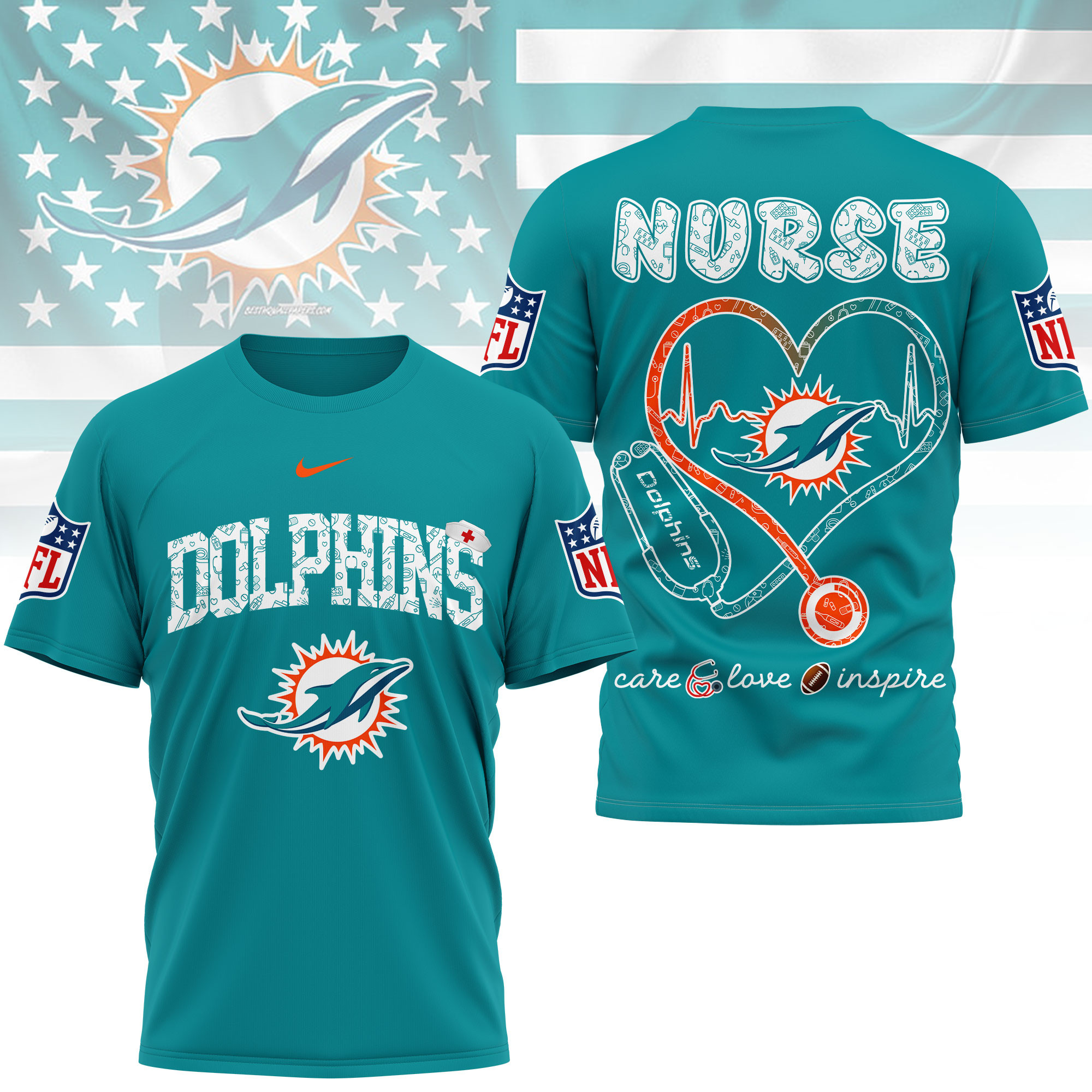 Miami Dolphins x Premium NFL Nurse Love Football 3D T-Shirt – Limited Edition TTH200522 - Image 3