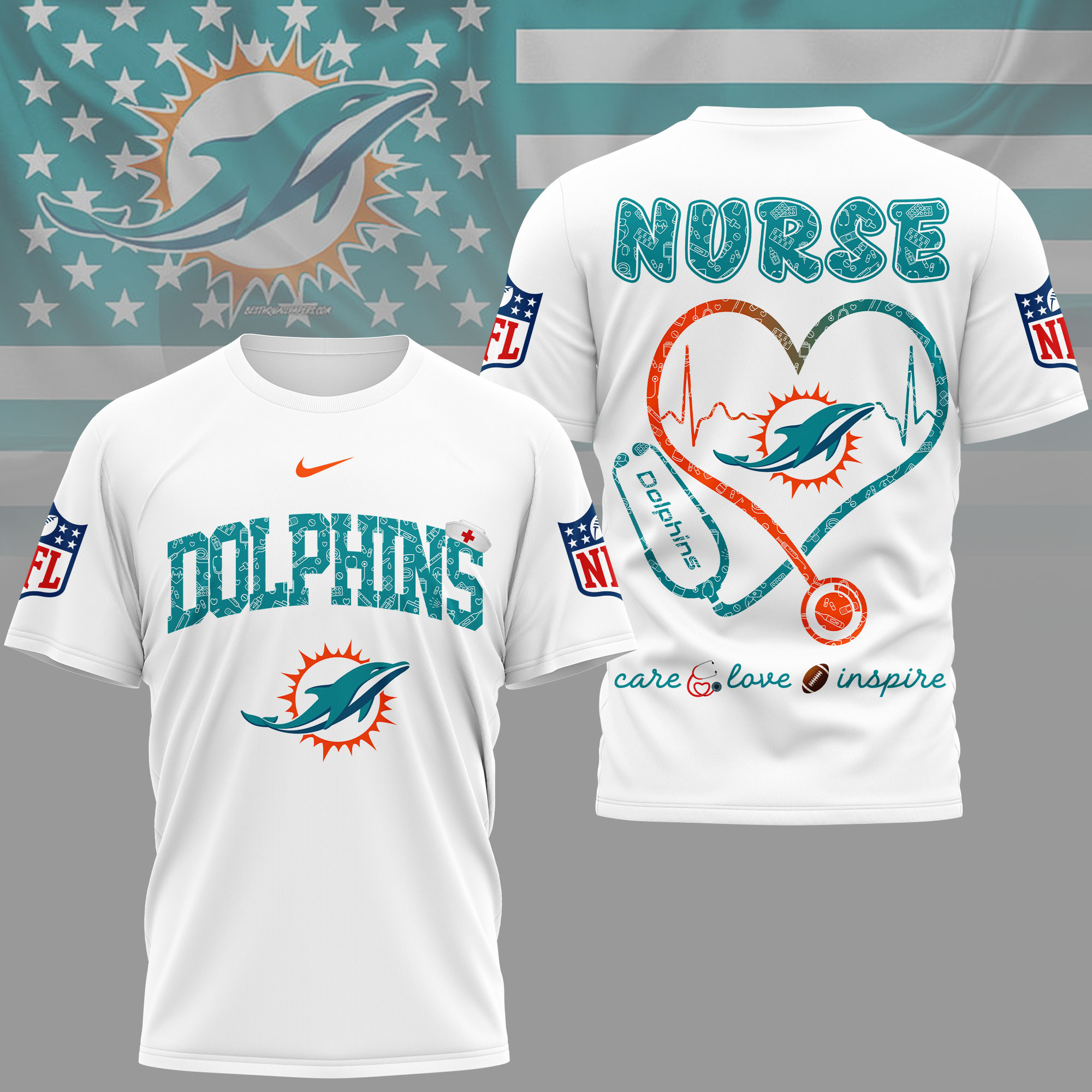 Miami Dolphins x Premium NFL Nurse Love Football 3D T-Shirt – Limited Edition TTH200522 - Image 2