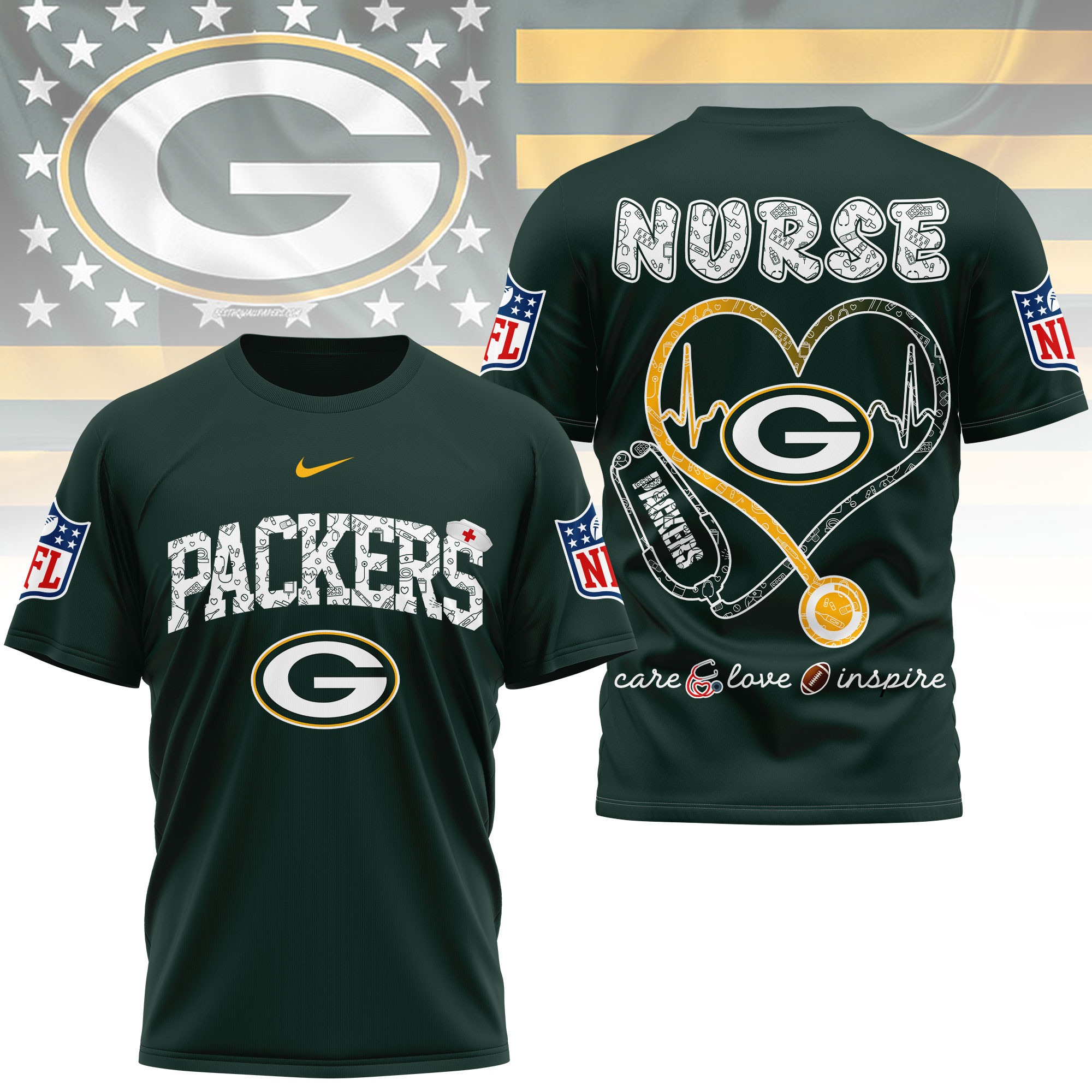 Green Bay Packers x Premium NFL Nurse Love Football 3D T-Shirt – Limited Edition TTH200522 - Image 3