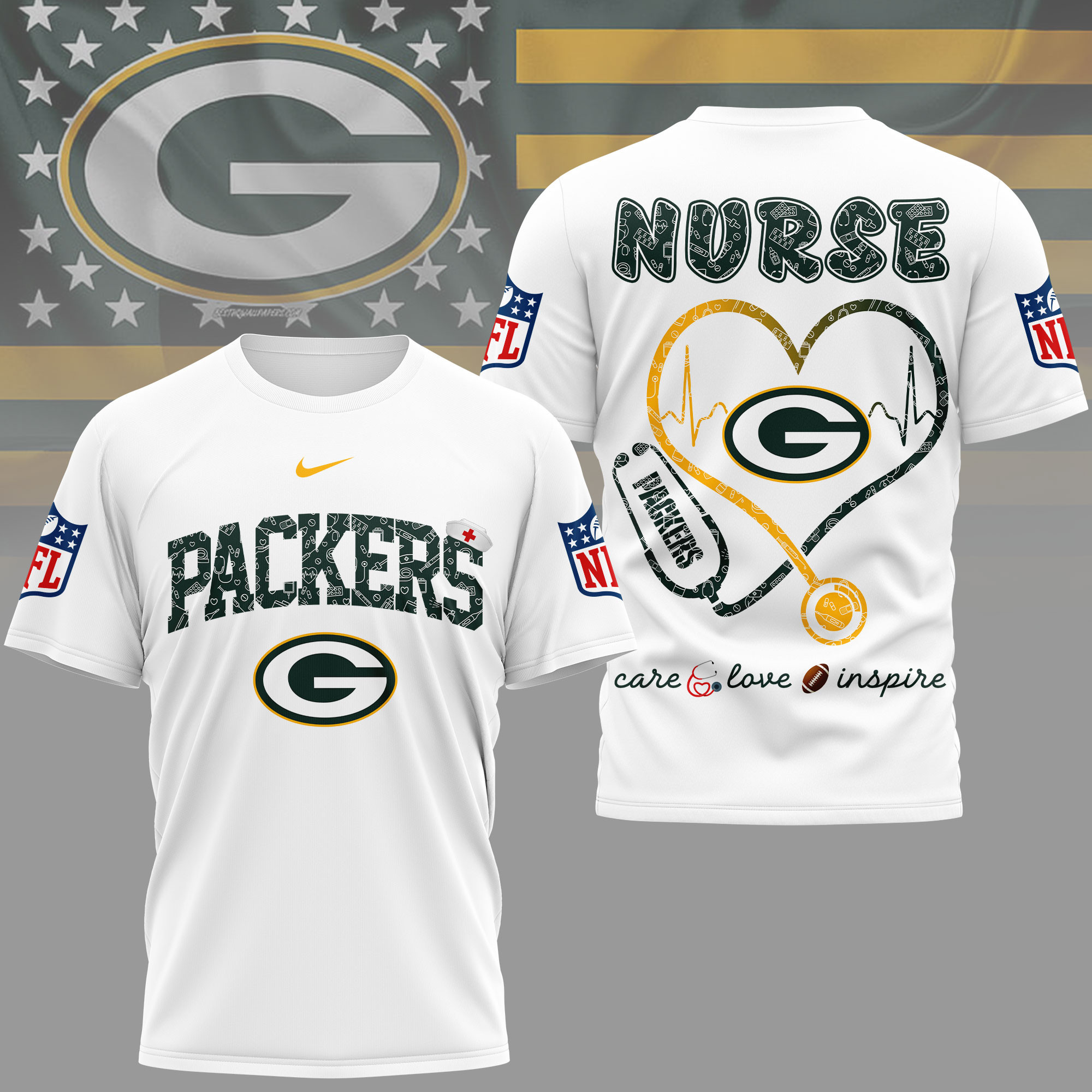 Green Bay Packers x Premium NFL Nurse Love Football 3D T-Shirt – Limited Edition TTH200522 - Image 2