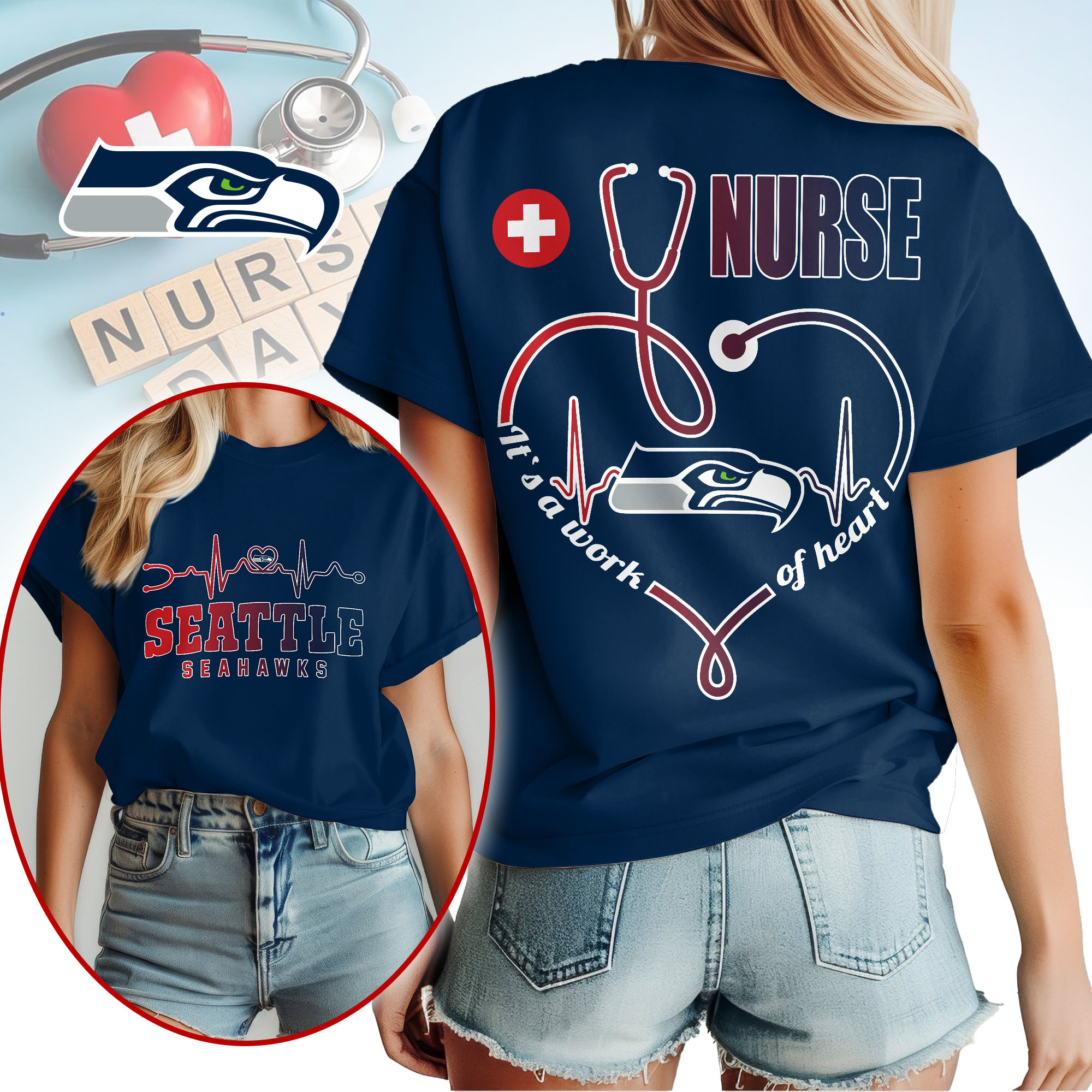 Seattle Seahawks | Premium NFL Nurse Heartbeat 3D T-Shirt TTH200586 - Image 3