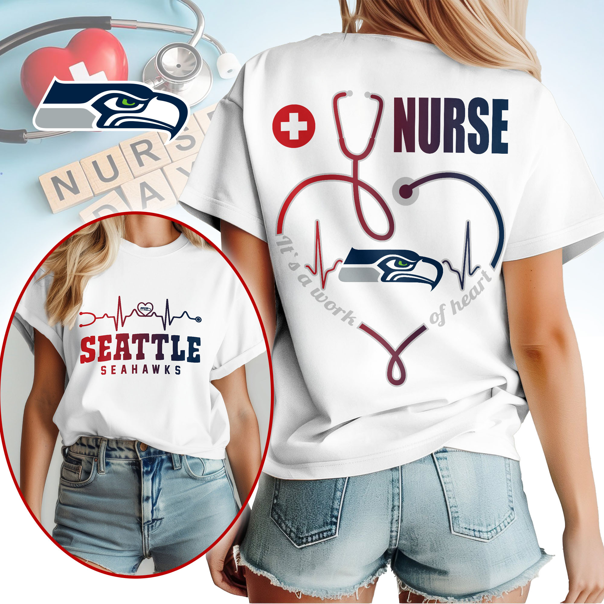 Seattle Seahawks | Premium NFL Nurse Heartbeat 3D T-Shirt TTH200586 - Image 2