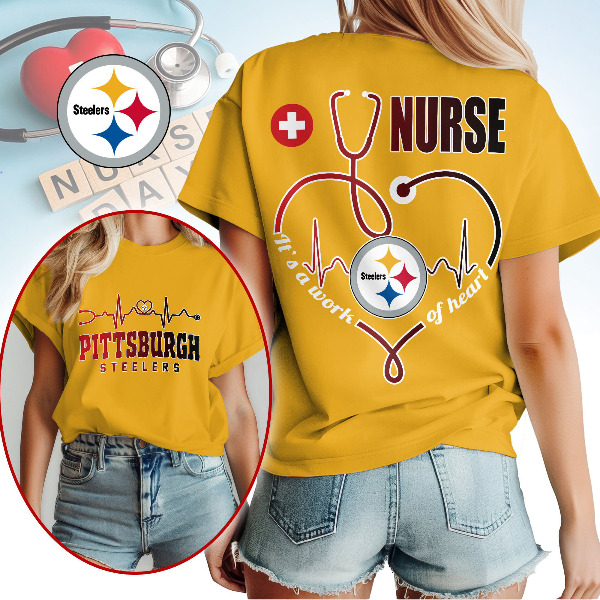 Pittsburgh Steelers | Premium NFL Nurse Heartbeat 3D T-Shirt TTH200586 - Image 3
