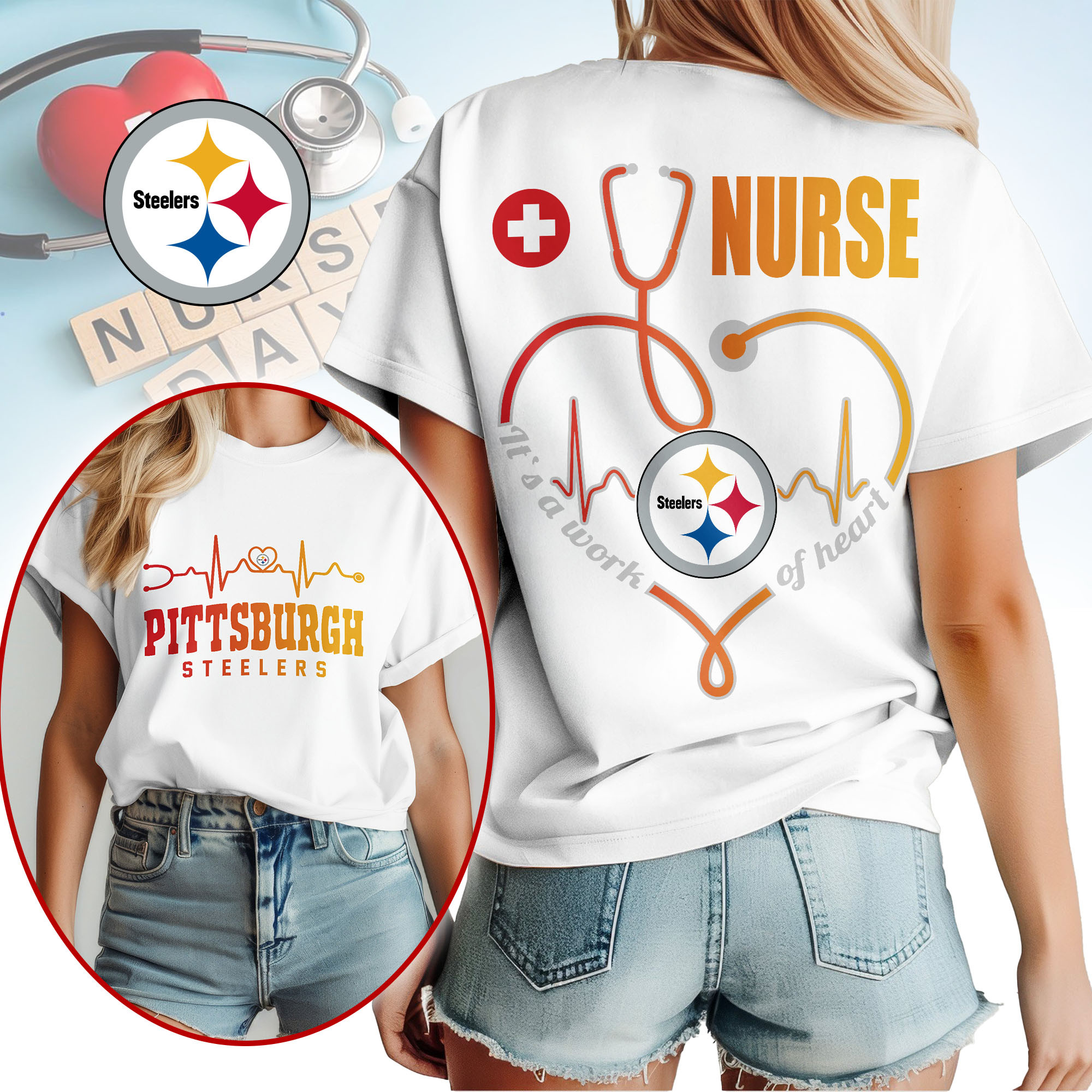 Pittsburgh Steelers | Premium NFL Nurse Heartbeat 3D T-Shirt TTH200586 - Image 2