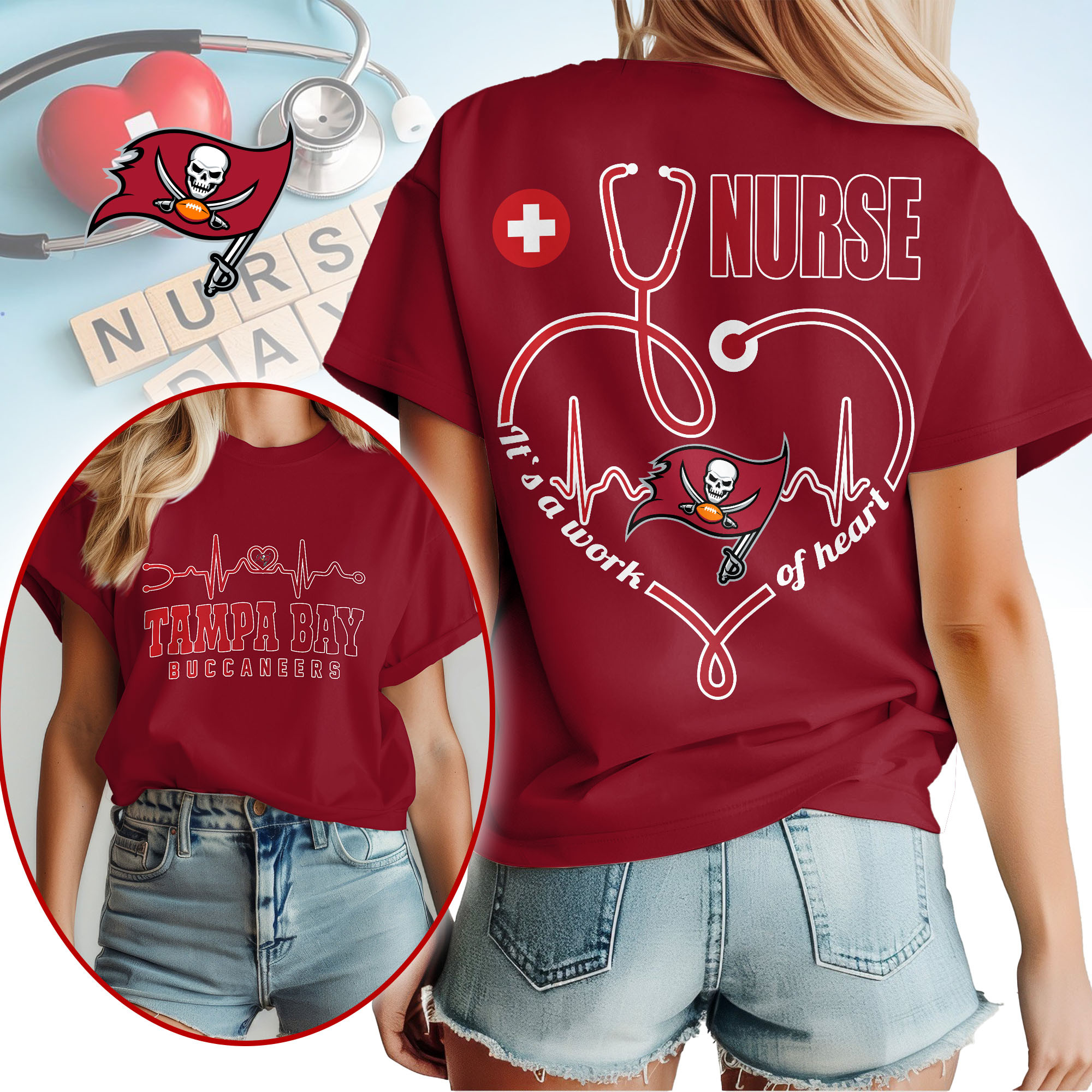Tampa Bay Buccaneers | Premium NFL Nurse Heartbeat 3D T-Shirt TTH200586 - Image 3